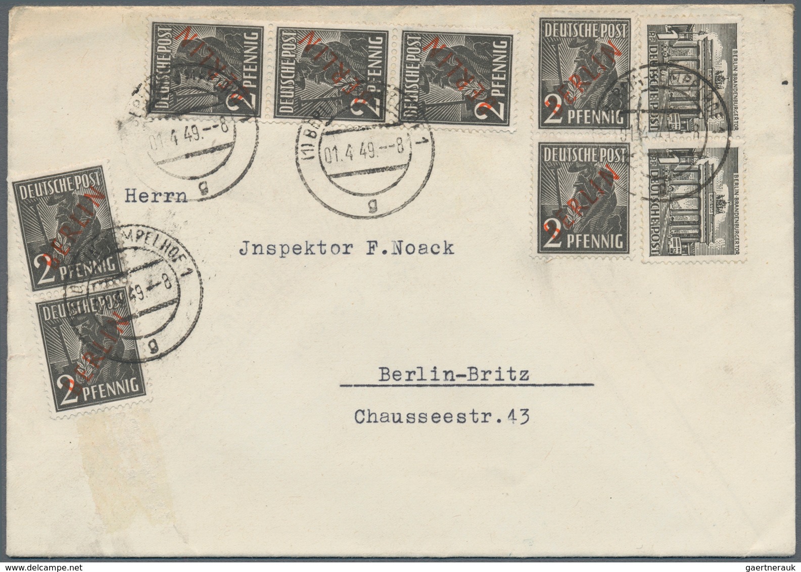 Berlin: 1949 (1.4.), Rotaufdruck 2 Pf. (7 Werte In 2 Paaren + 1 Dreierstreifen) In Mischfrankatur Mi - Used Stamps