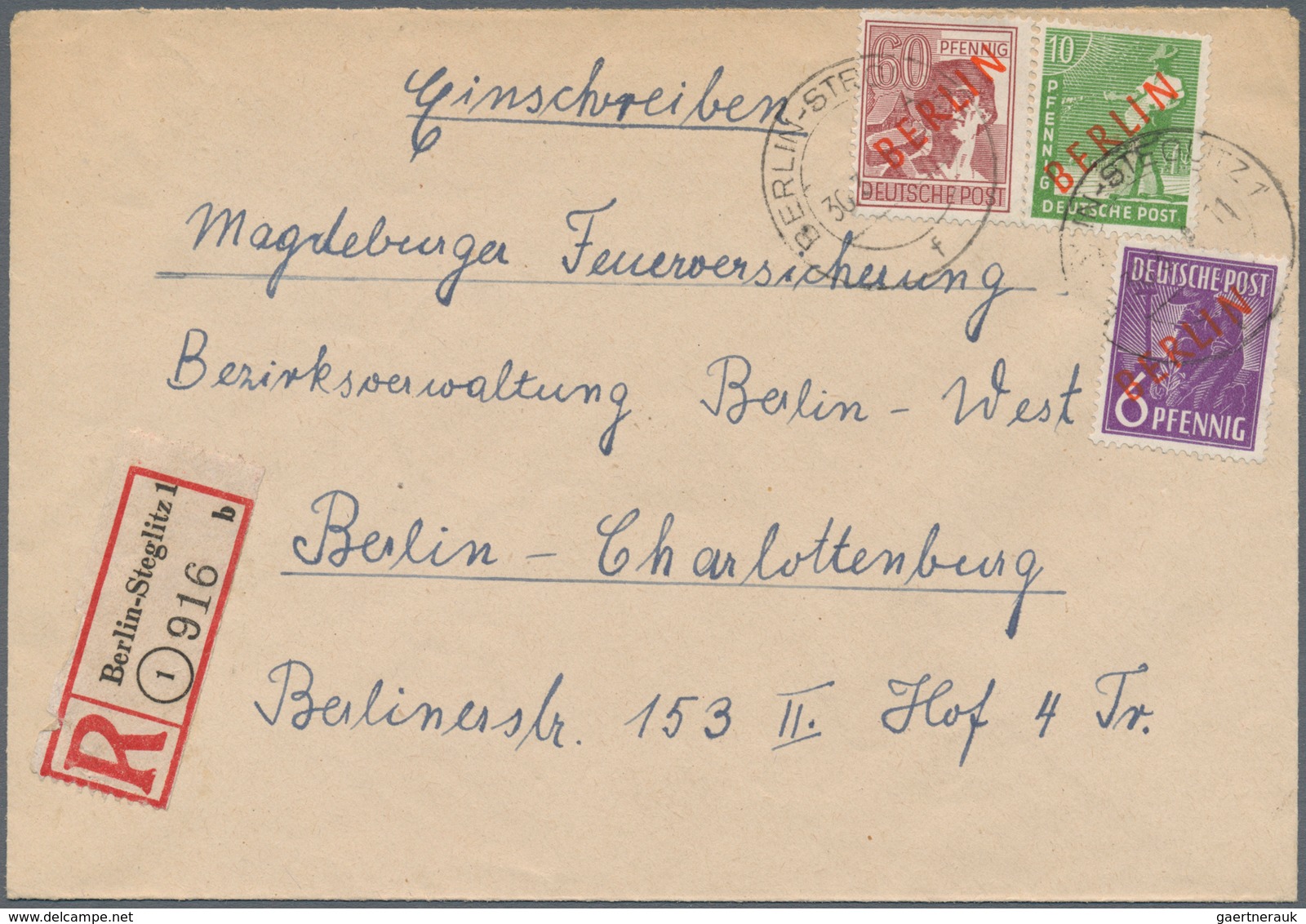 Berlin: 1949, Drei R-Briefe Jeweils Mit 76 Pf.-Rotaufdruck-Frankaturen (60 Pf., 10 Pf. + 6 Pf.) Von - Usati