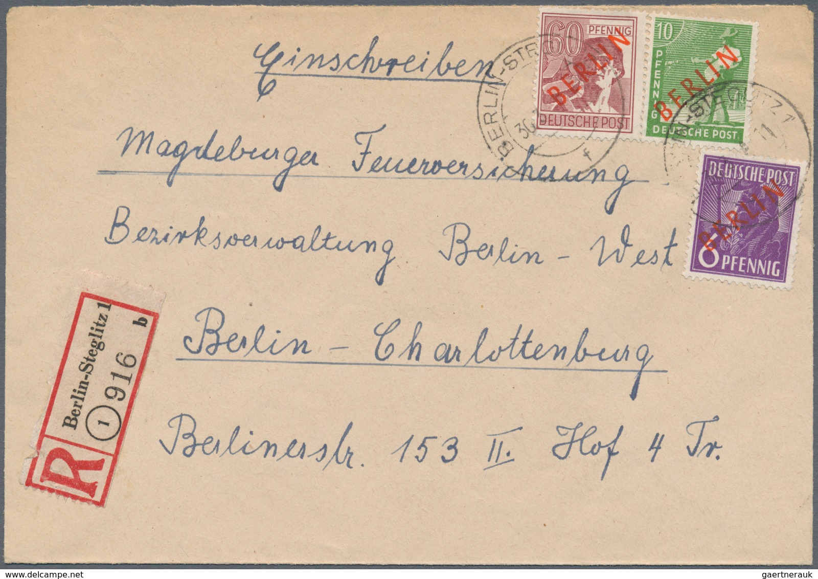 Berlin: 1949, Drei R-Briefe Jeweils Mit 76 Pf.-Rotaufdruck-Frankaturen (60 Pf., 10 Pf. + 6 Pf.) Von - Used Stamps