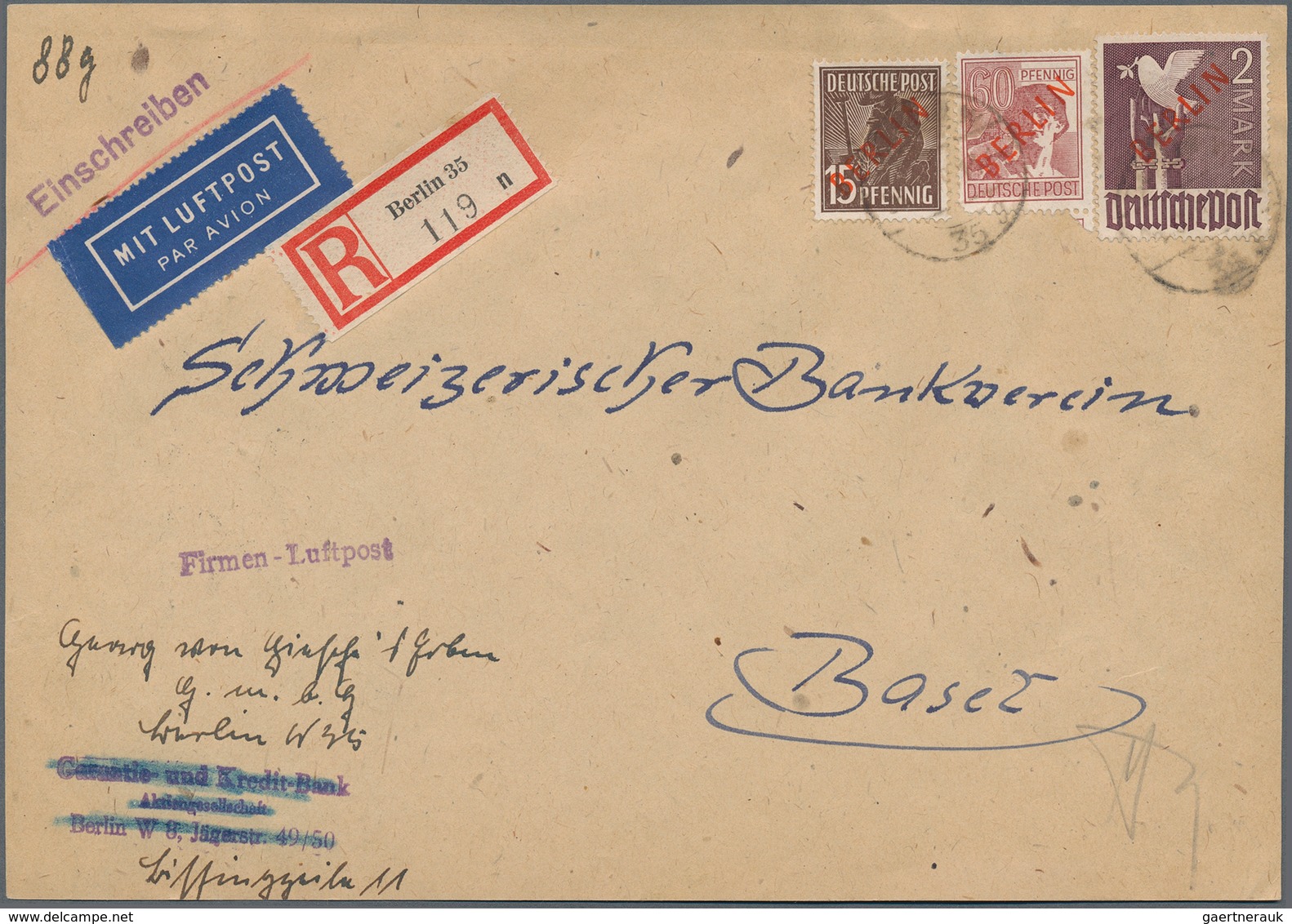 Berlin: 1949, Freimarken 2 M., 15 Pf Und 60 Pf Rotaufdruck Auf Vorderseite Eines Extrem Seltenen Bel - Used Stamps