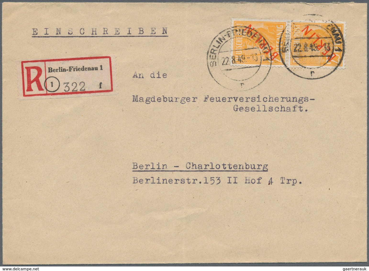 Berlin: 1949 (22.8.), Rotaufdruck 25 Pf. Senkr. Paar Auf R-Brief Von Berlin-Friedenau Nach Berlin-Ch - Used Stamps