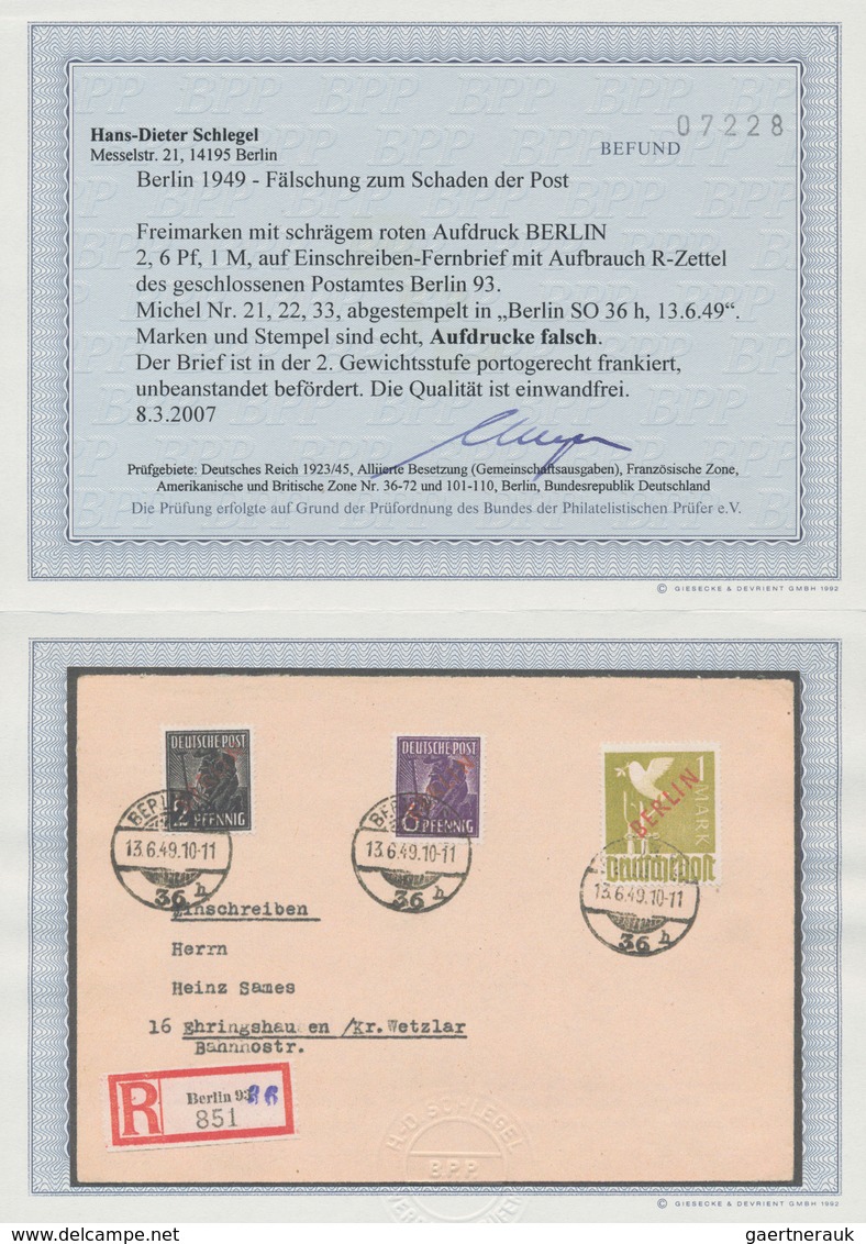 Berlin: 1949, 1 M., 6 Pfg. Und 2 Pfg. Rotaufdruck Mit Falschem Aufdruck Zum Schaden Der Post Als Por - Used Stamps