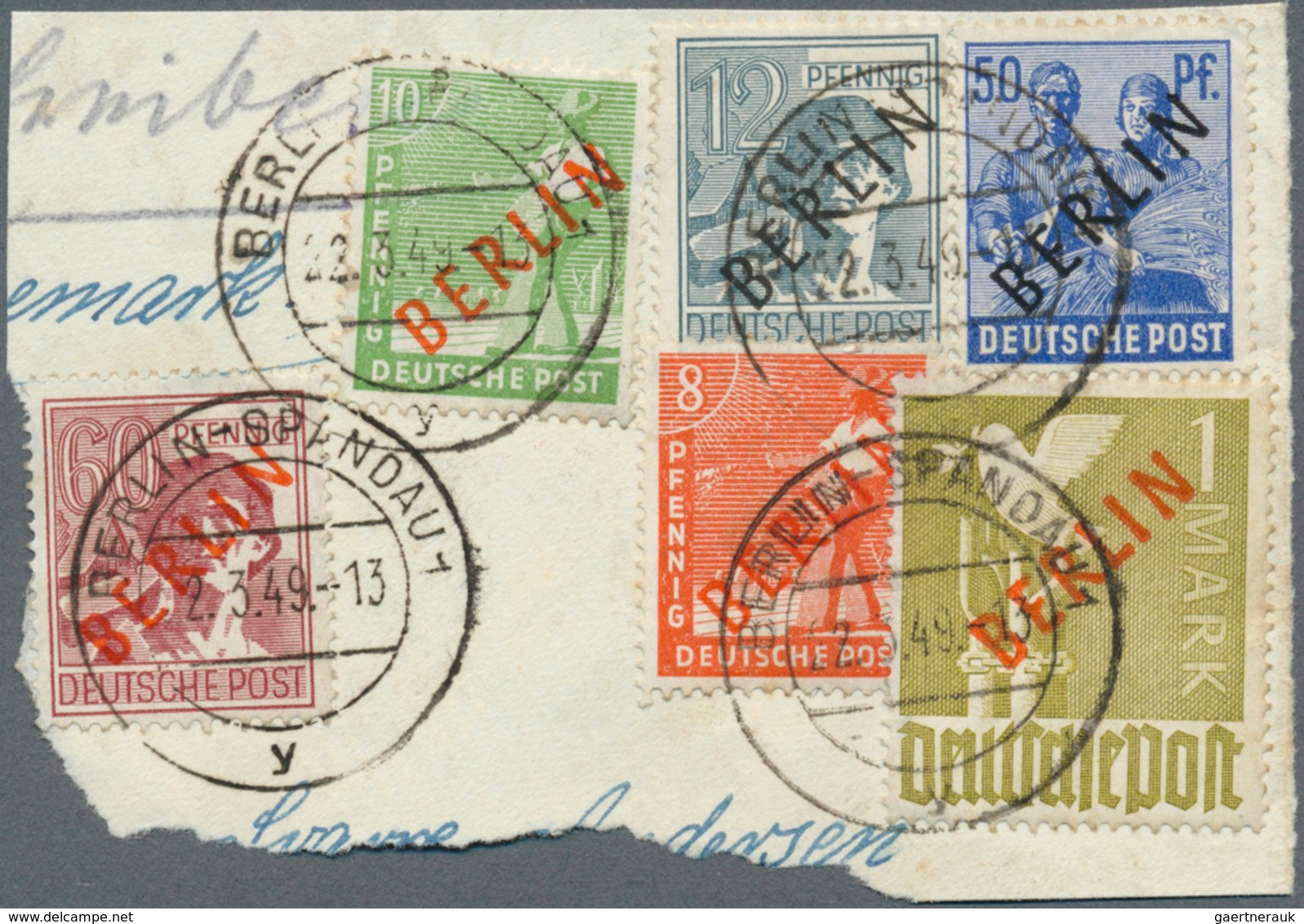 Berlin: 1949, 1 Mark Rotaufdruck Im Mischfrankatur Schwarz/Rot Auf Briefstück "Berlin-Spandau 22.3.4 - Used Stamps