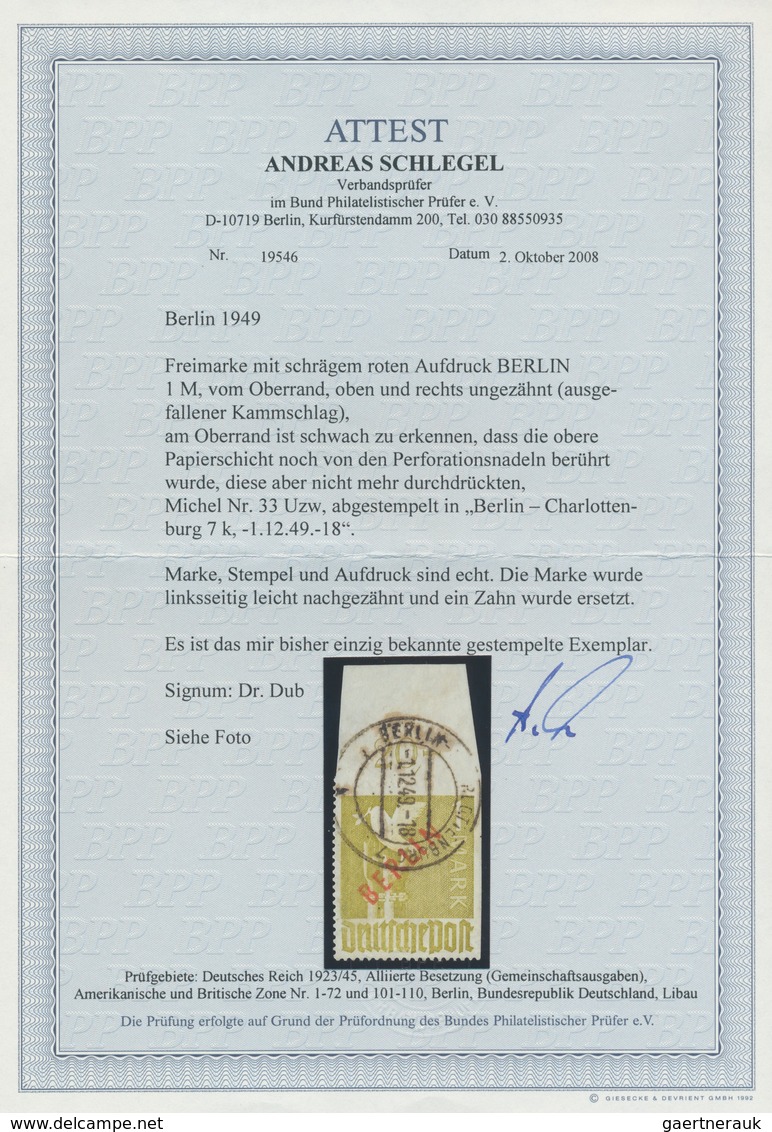 Berlin: 1949, 1 M. Rotaufdruck Oben Und Rechts Ungezähnt, Sauber Gestempeltes Exemplar Mit Oberrand - Usati