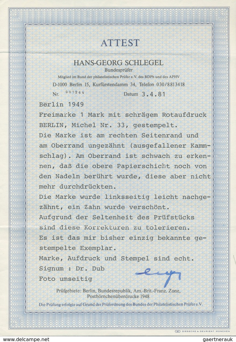 Berlin: 1949, 1 M. Rotaufdruck Oben Und Rechts Ungezähnt, Sauber Gestempeltes Exemplar Mit Oberrand - Usati