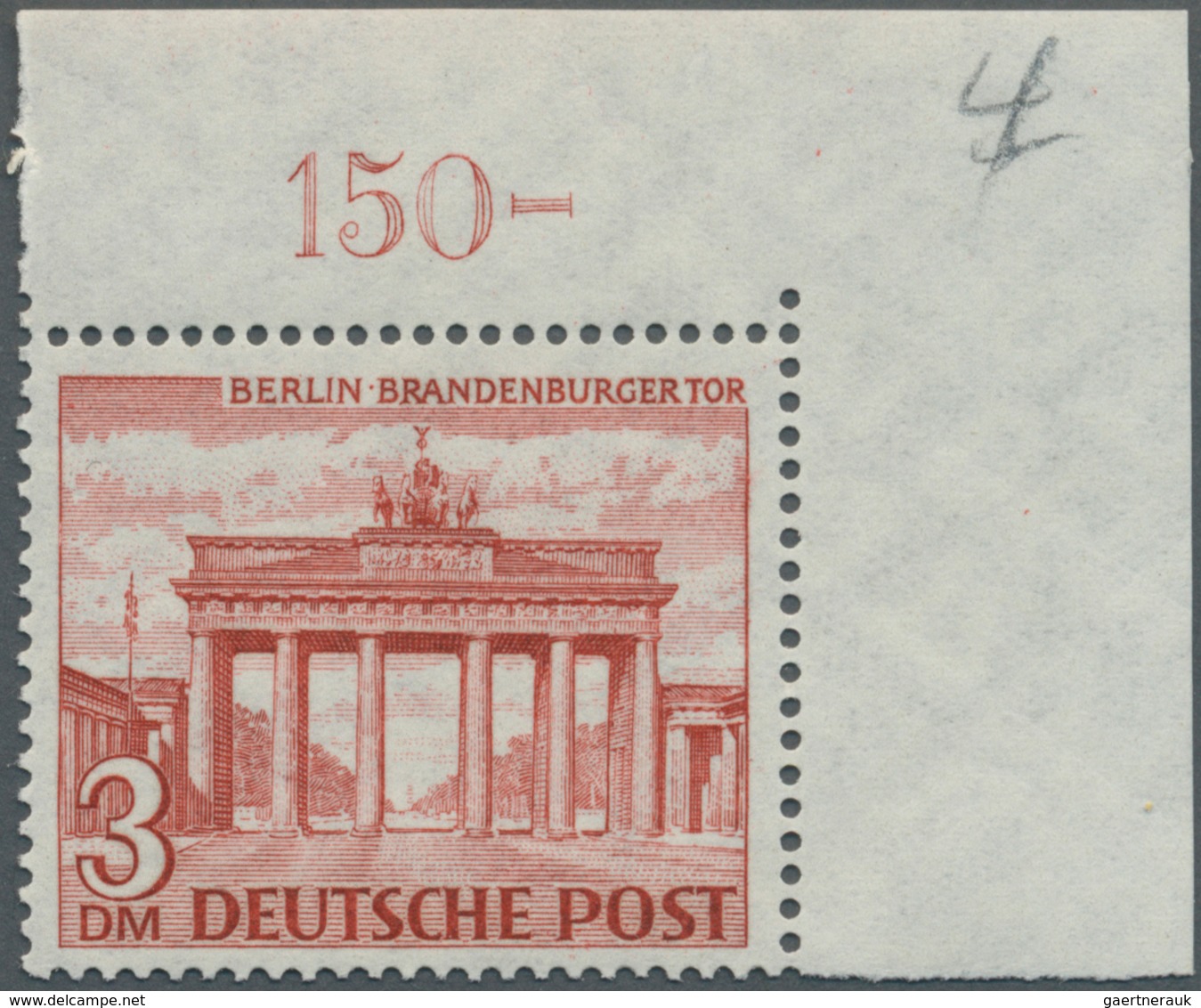 Berlin: 1949, 3 M. Bauten, Postfrische Rechte Obere Bogenecke Mit Postamtlicher Beschriftung, Ungefa - Used Stamps