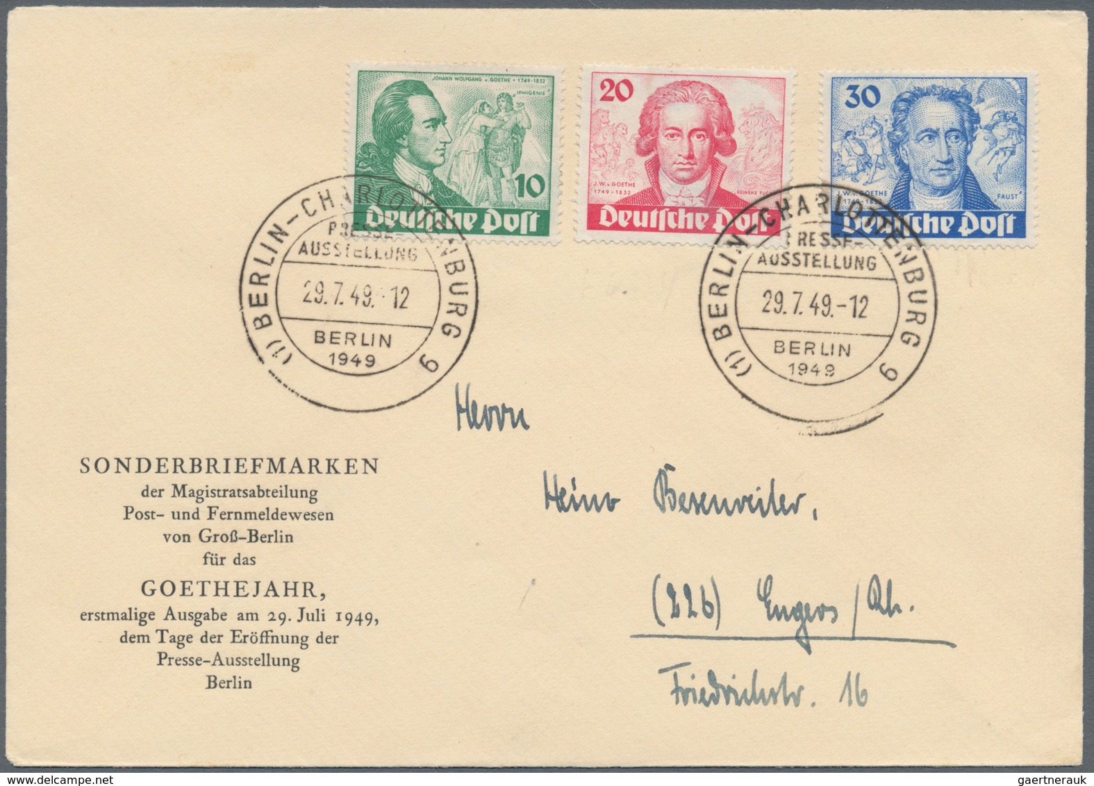 Berlin: 1949, Goethe-Satz, Amtlicher Ersttagsbrief Mit ESST BERLIN-CHARLOTTENBURG 9, 29.7.49, Nach E - Usados