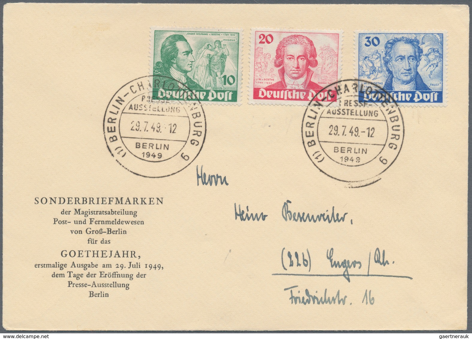 Berlin: 1949, Goethe-Satz, Amtlicher Ersttagsbrief Mit ESST BERLIN-CHARLOTTENBURG 9, 29.7.49, Nach E - Used Stamps