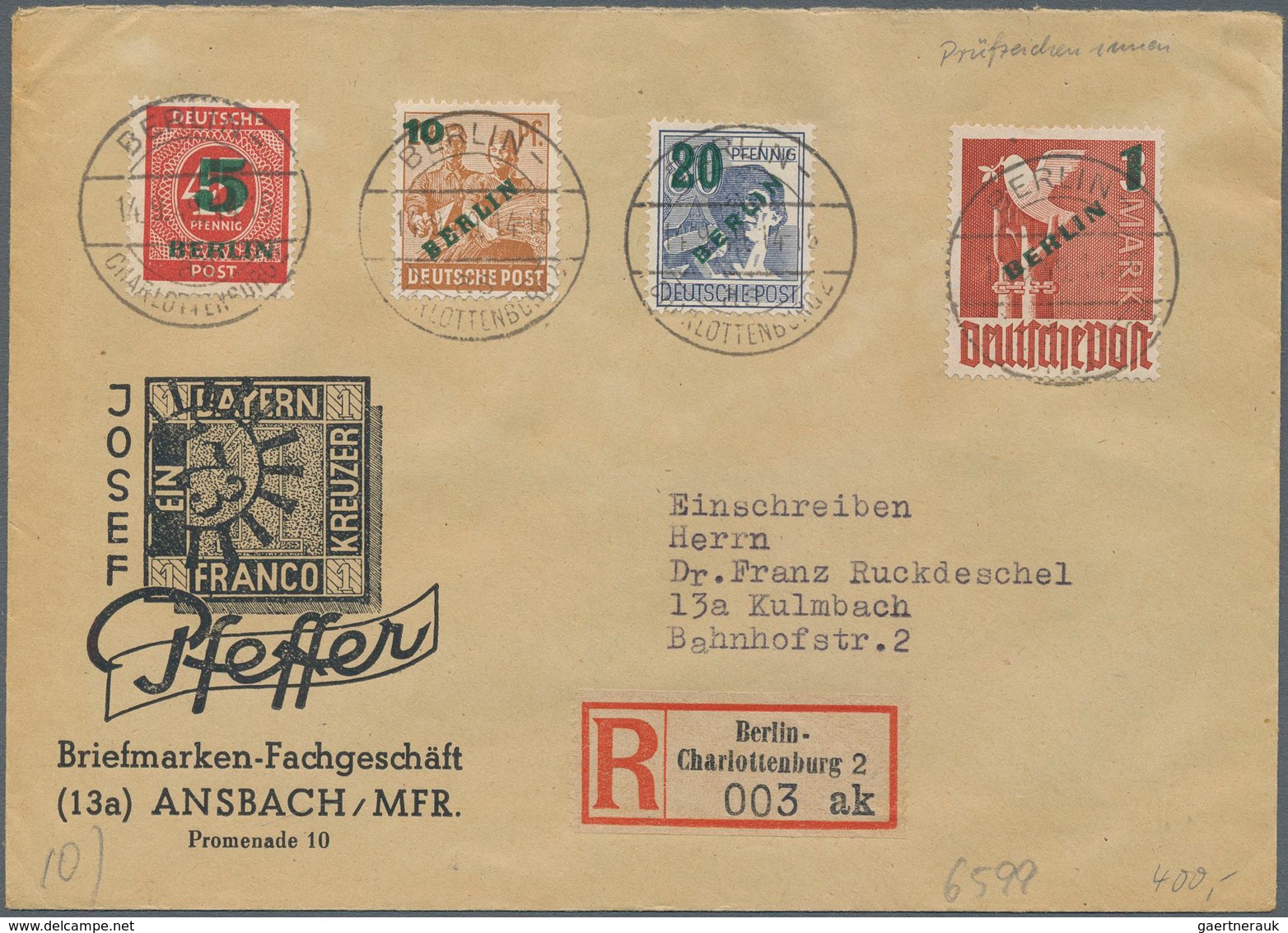 Berlin: 1949, Grünaufdruck, Kompletter Satz Auf R-Brief Ab Berlin Nach Kulmbach, Jeder Wert Zentrisc - Used Stamps