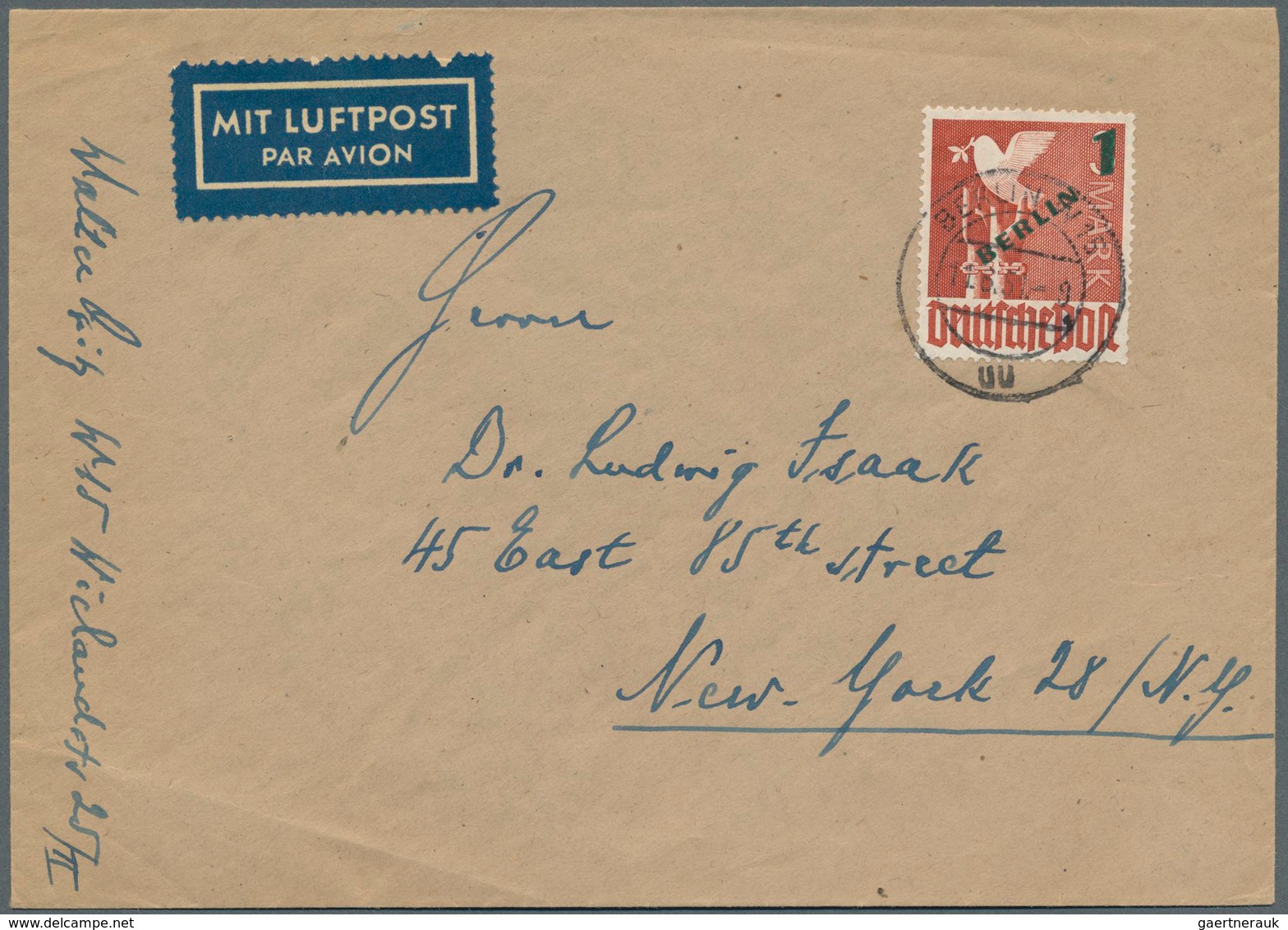 Berlin: 1949, Grünaufdruck 1 Mk, Etwas überfrankiert Auf Luftpostbrief V. 11.6.51 Nach New York, Rs. - Used Stamps