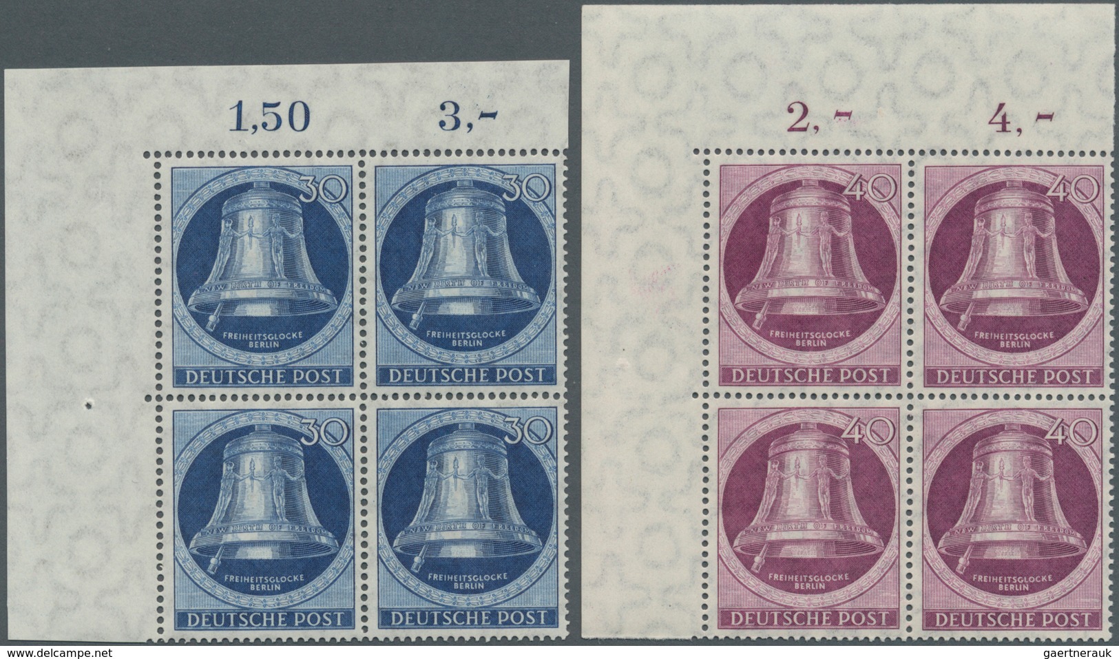 Berlin: 1951, Glocke Links, 5 Werte Kompl. Im Viererblock Aus Der Linken Oberen Bogenecke, ME 400,-+ - Usati