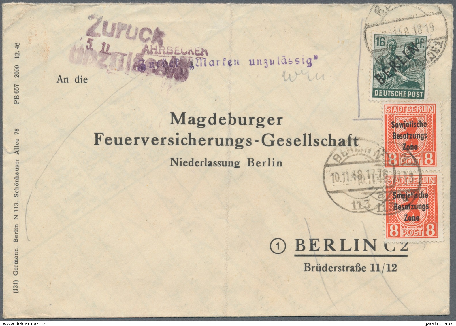 Berlin - Postkrieg: 1948, Drei Belege Mit Unterschiedl. Frankaturen Und Teils Unterschiedl. Zusatzst - Other & Unclassified