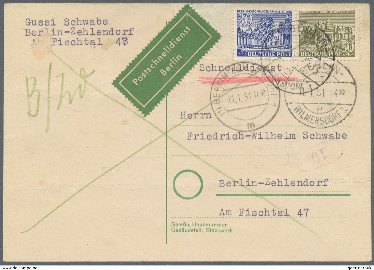 Berlin - Postschnelldienst: 1951: Schnelldienstkarte 80 Pfennig Mit 30 Und 50 Pfennig Bauten I Ab Wi - Other & Unclassified