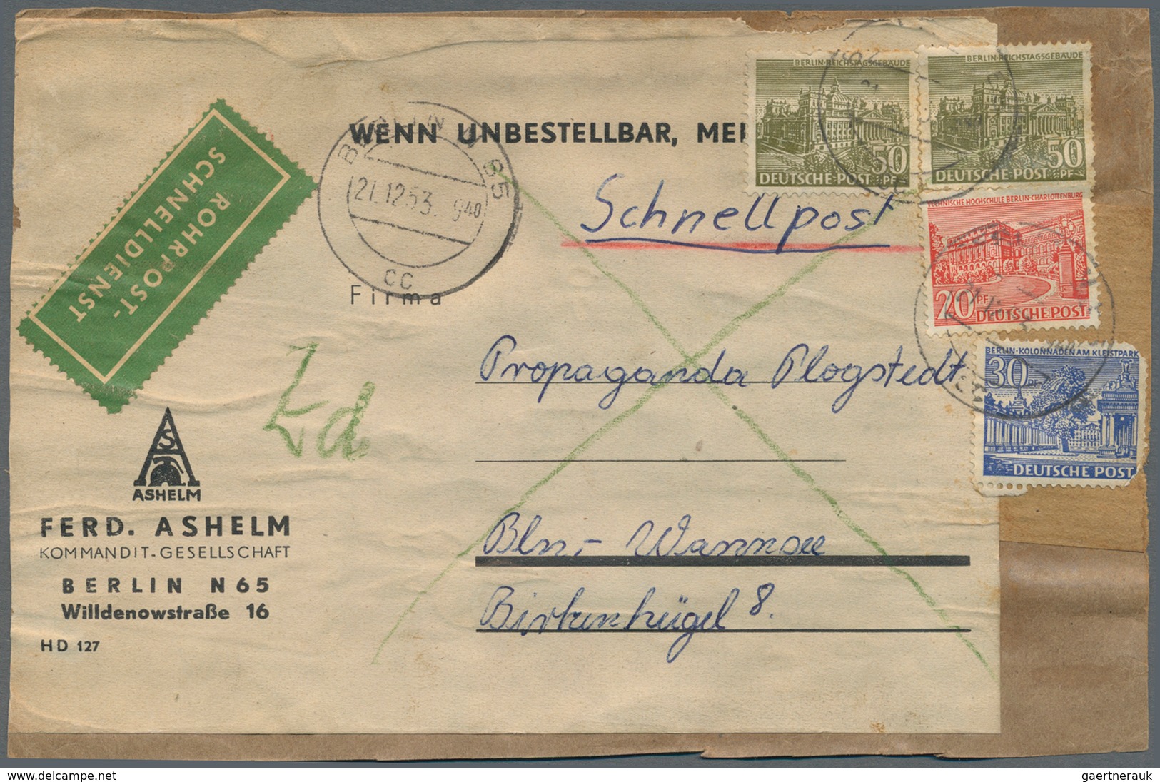 Berlin - Postschnelldienst: 1953/1954: Anschriftteil Schnelldienstbrief Höchste Gewichtsstufe – Gebü - Altri & Non Classificati