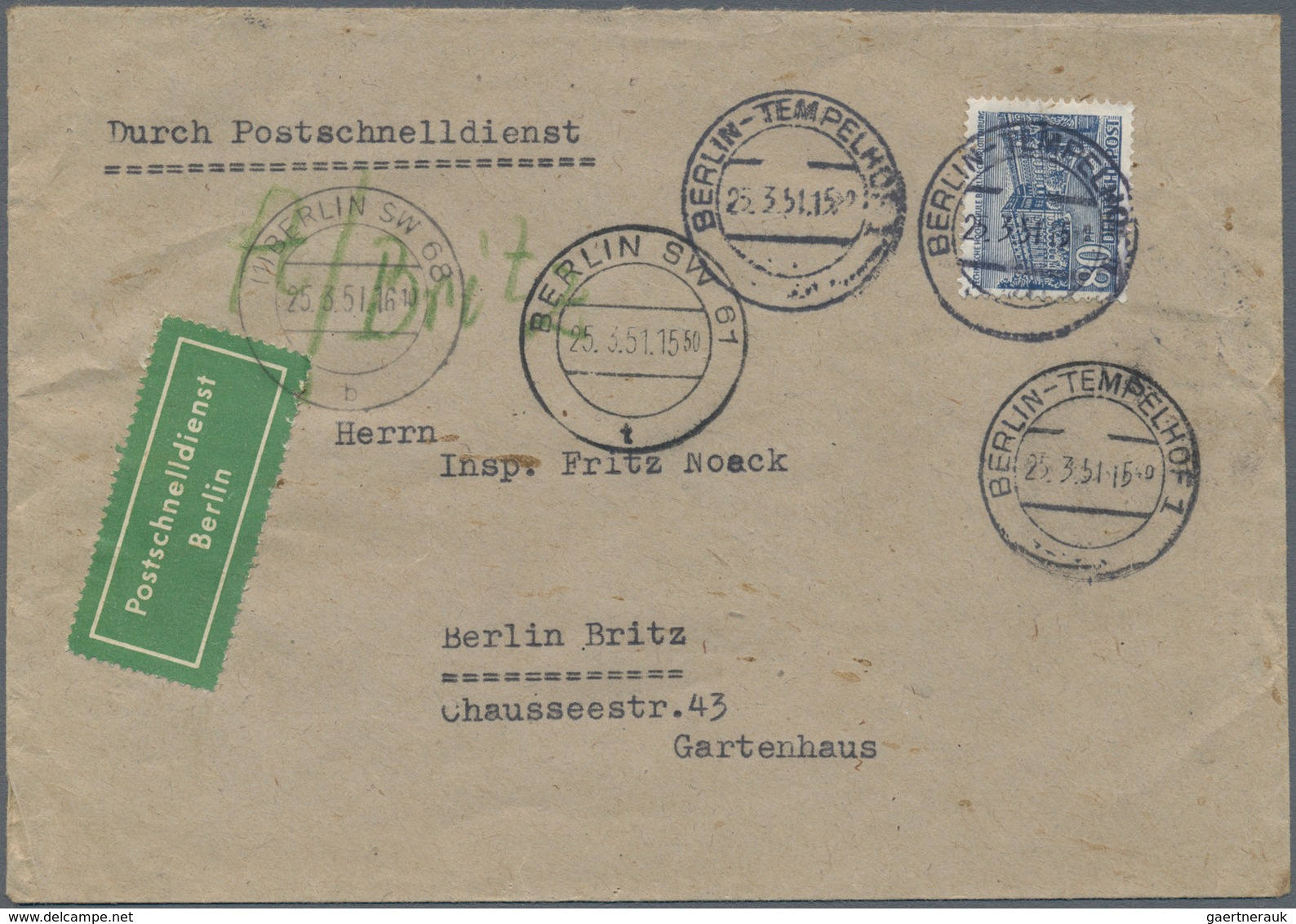 Berlin - Postschnelldienst: 1951 (25.3.), Bauten 80 Pf. Einzelfrankatur Auf Postschnelldienst-Brief - Altri & Non Classificati