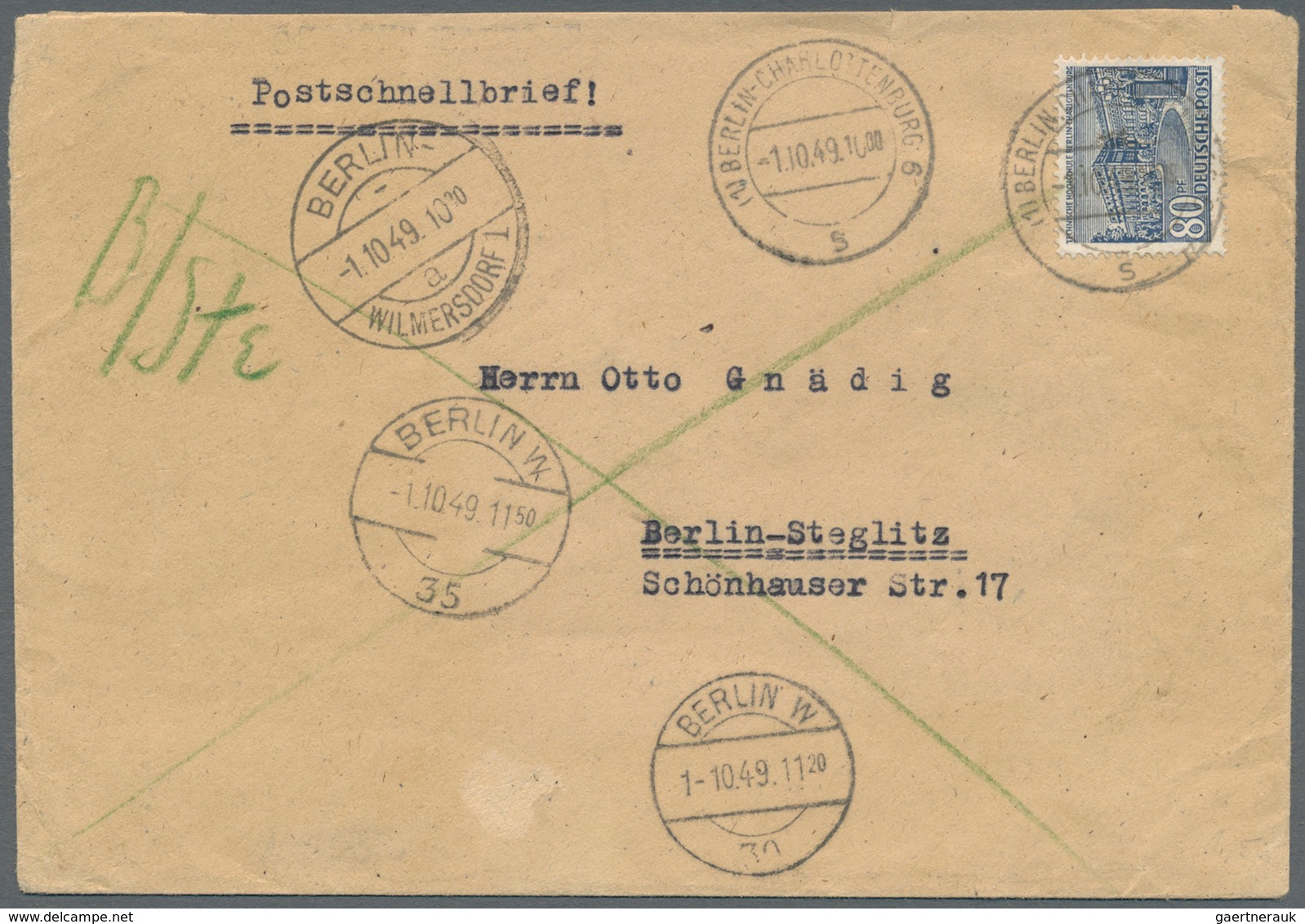 Berlin - Postschnelldienst: 1949/53:  Kleiner Posten von vier Schnelldienstbriefen, alle mit 80 Pfen