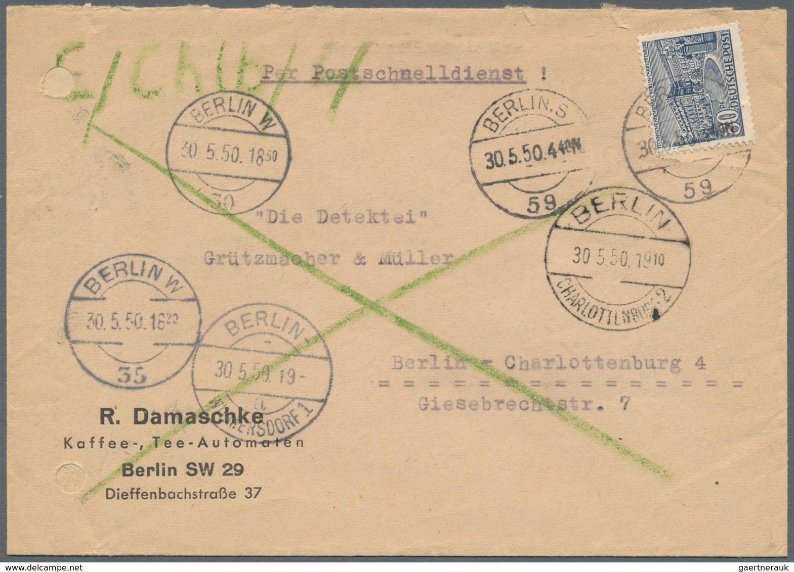 Berlin - Postschnelldienst: 1950:  Schnelldienstbrief 80 Pfennig Bauten Als EF Berlin-Steglitz 1 6.5 - Altri & Non Classificati