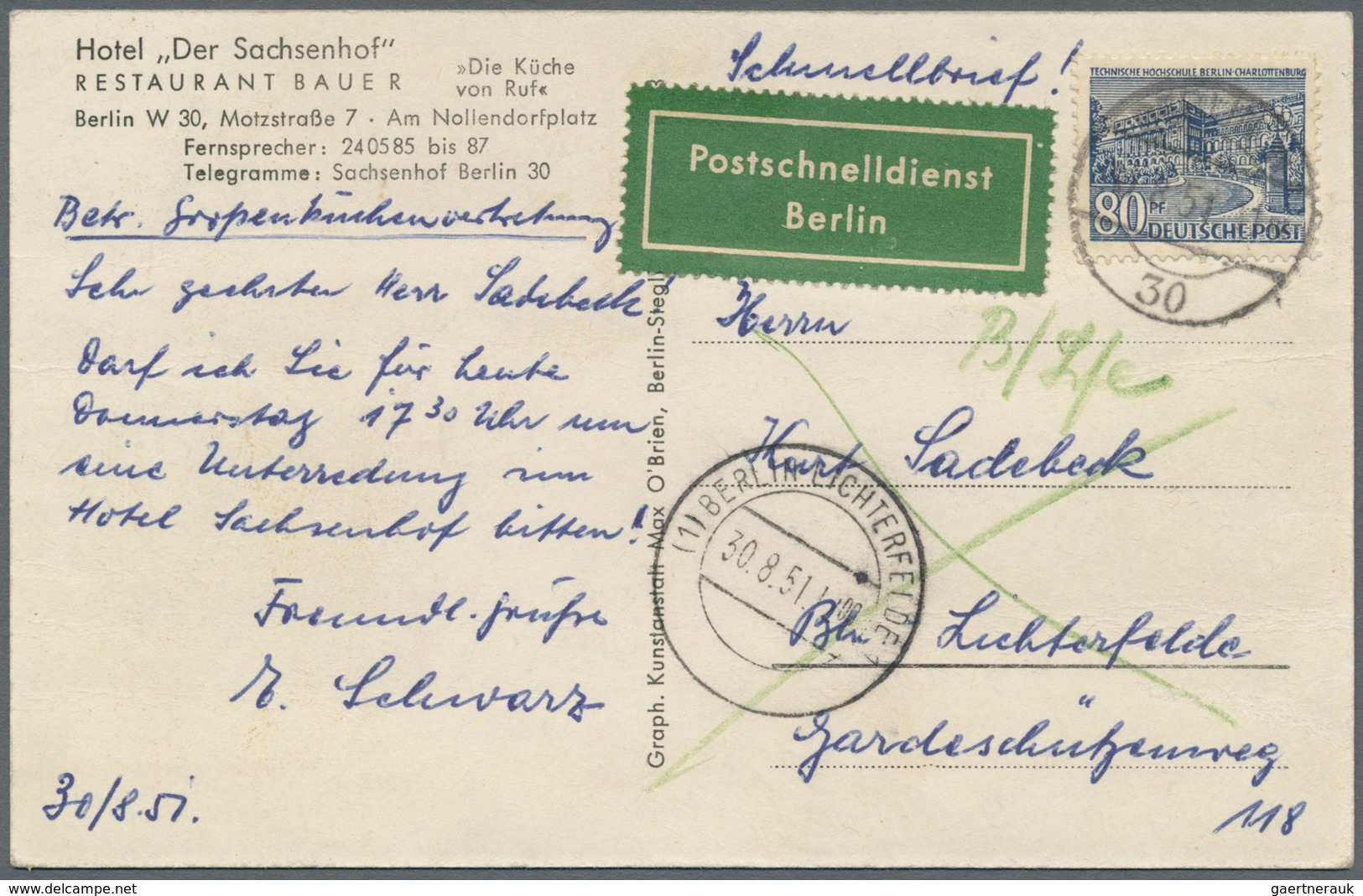 Berlin - Postschnelldienst: 1951: Schnelldienstbrief 80 Pfennig Bauten I Als EF Ab W 15 4.9.51 11.00 - Altri & Non Classificati