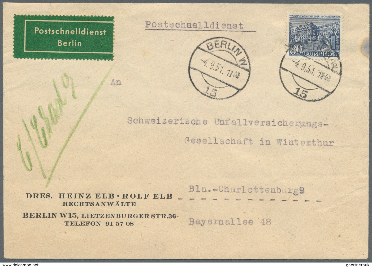 Berlin - Postschnelldienst: 1951: Schnelldienstbrief 80 Pfennig Bauten I Als EF Ab W 15 4.9.51 11.00 - Other & Unclassified
