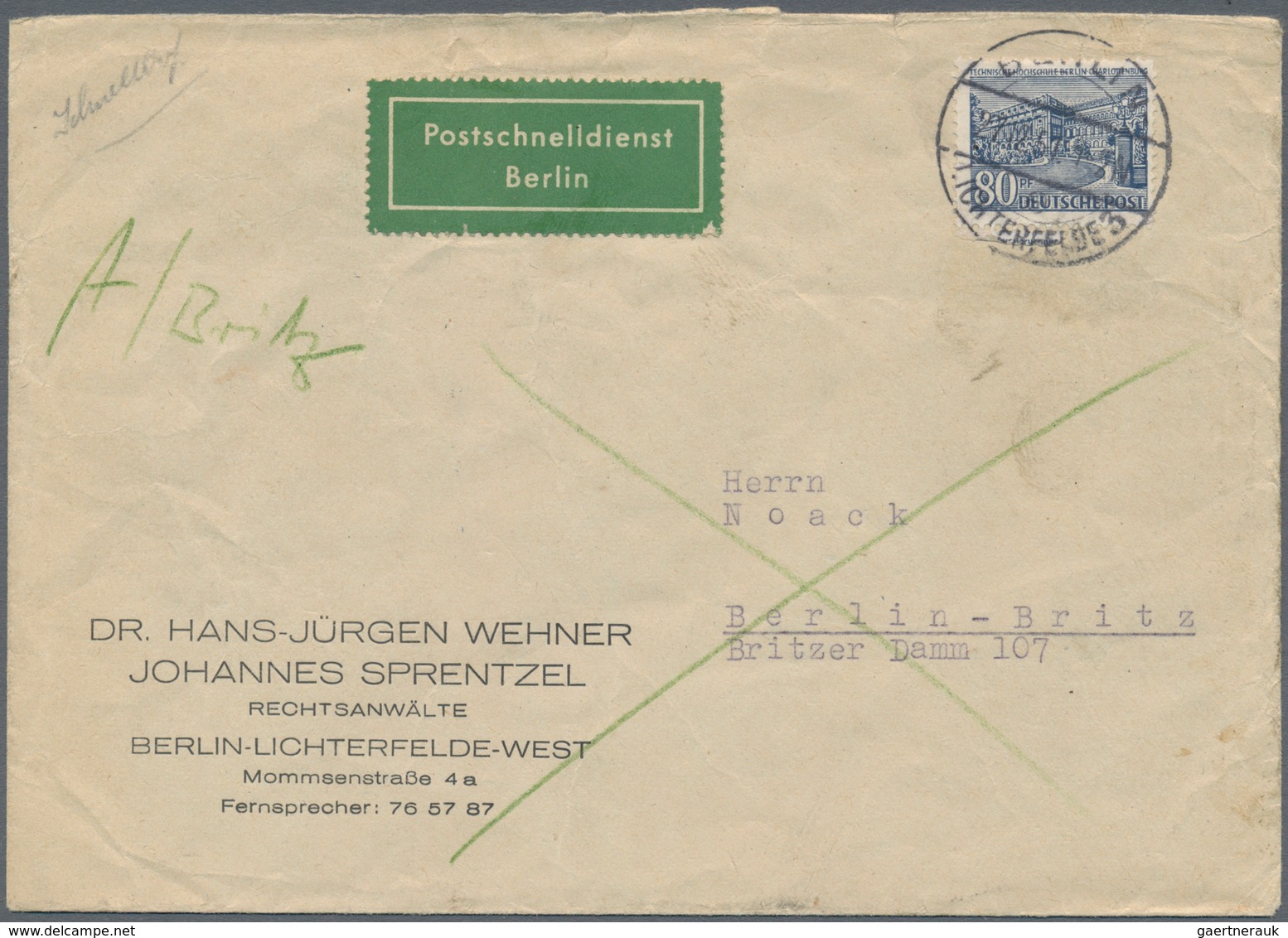 Berlin - Postschnelldienst: 1951 (27.12.), Bauten 80 Pf. Einzelfrankatur Auf Postschnelldienst-Brief - Altri & Non Classificati