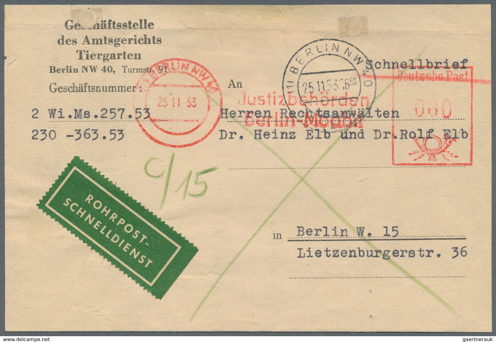 Berlin - Postschnelldienst: 1952/1953: Faltbrief Amtsgericht Tiergarten Als Schnelldienst Mit Absend - Altri & Non Classificati