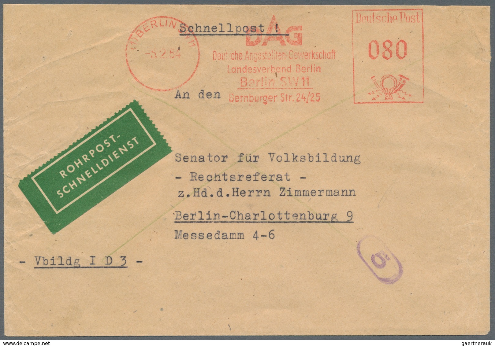 Berlin - Postschnelldienst: 1954: Schnelldienstbrief Mit Absender-Freistempel =080= DAG Deutsche Ang - Other & Unclassified