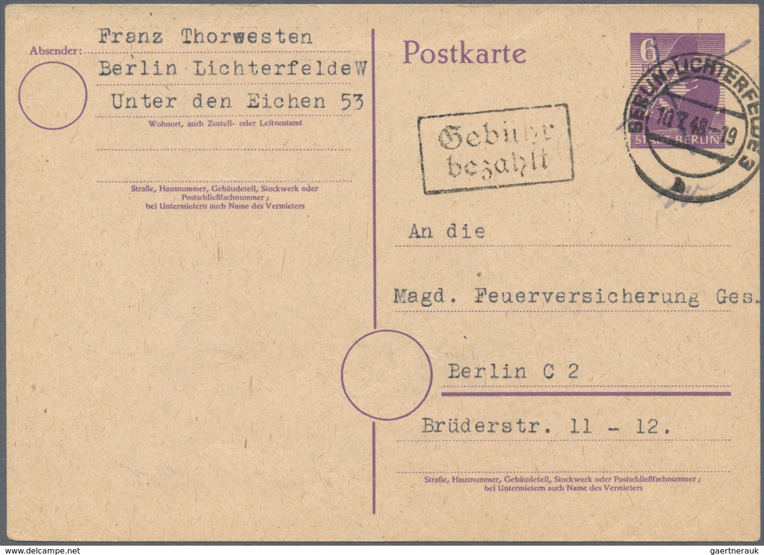 Berlin - Besonderheiten: 1948 (10.7.), Postkarte Berliner Bär 6 Pf. Violett Mit Durchgestrichenem We - Other & Unclassified