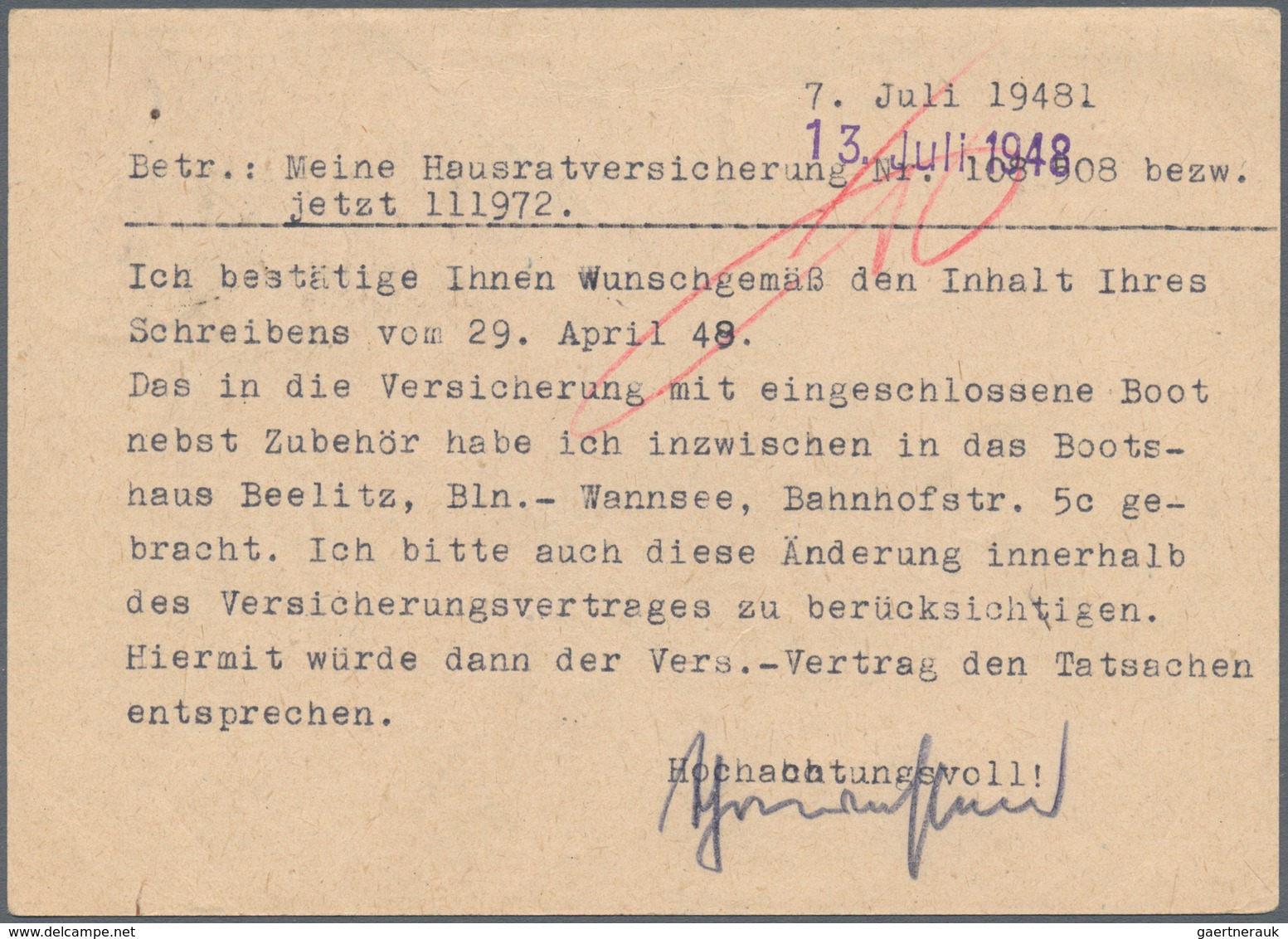 Berlin - Besonderheiten: 1948 (10.7.), Postkarte Berliner Bär 6 Pf. Violett Mit Durchgestrichenem We - Other & Unclassified