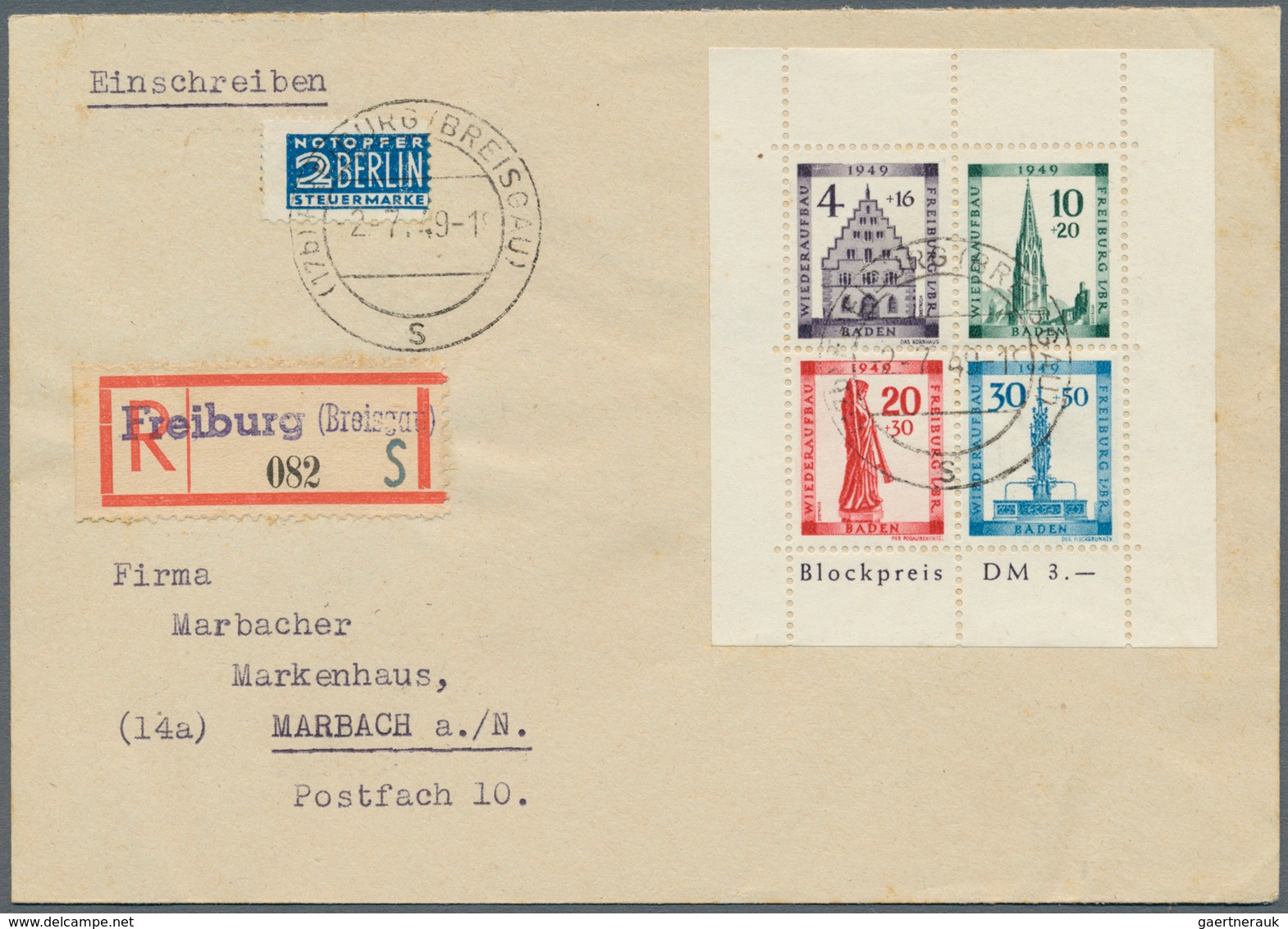 Französische Zone - Baden: 1949, Freiburg Blockpaar Auf 2 Gelaufenen R-Briefen Von „FREIBURG (BREISG - Altri & Non Classificati