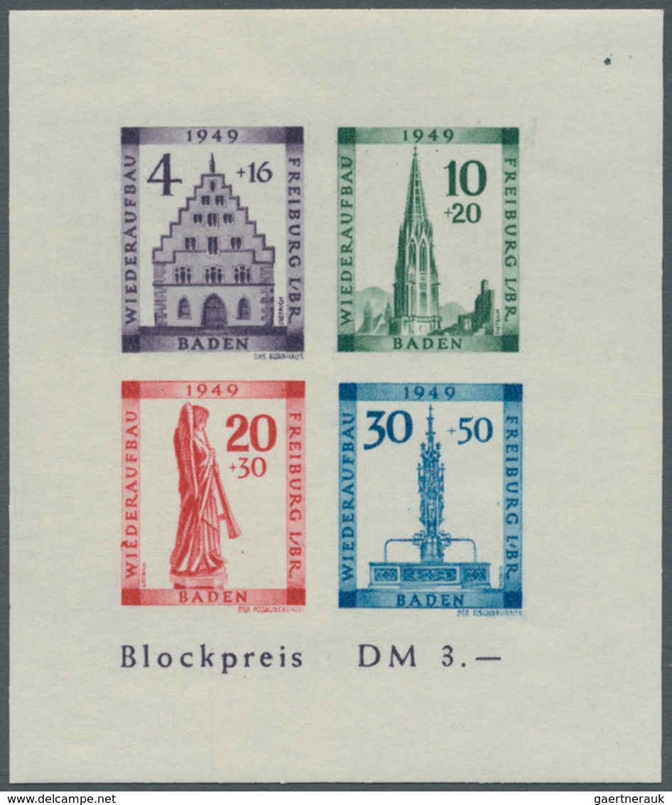 Französische Zone - Baden: 1949, Wiederaufbau-Block Ungezähnt Mit Plattenfehler "Farbfleck über 1. E - Altri & Non Classificati