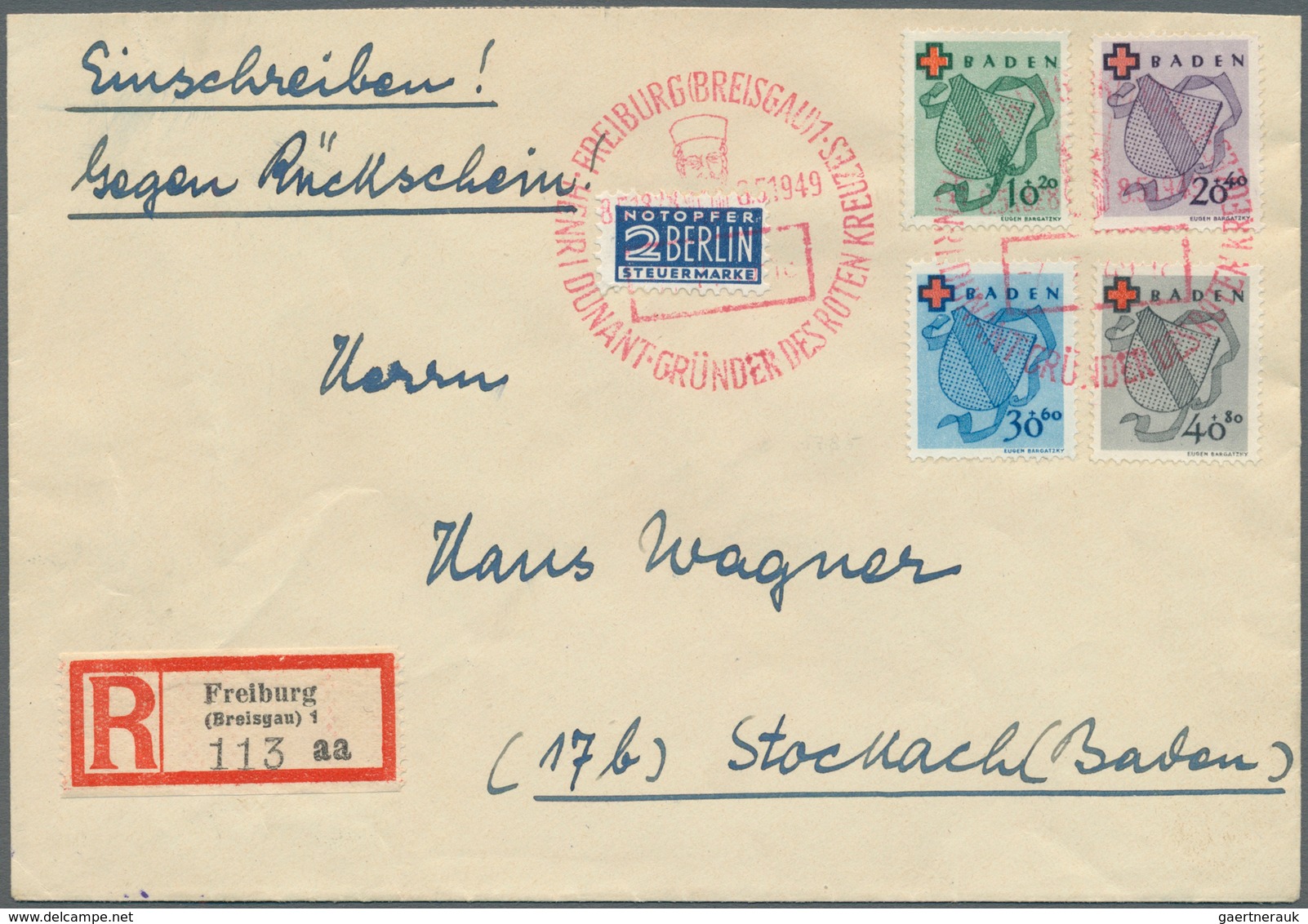 Französische Zone - Baden: 1949, 10 Pfg. Bis 40 Pfg. Rotes Kreuz Komplett Mit Rotem SST "FREIBURG 7. - Altri & Non Classificati