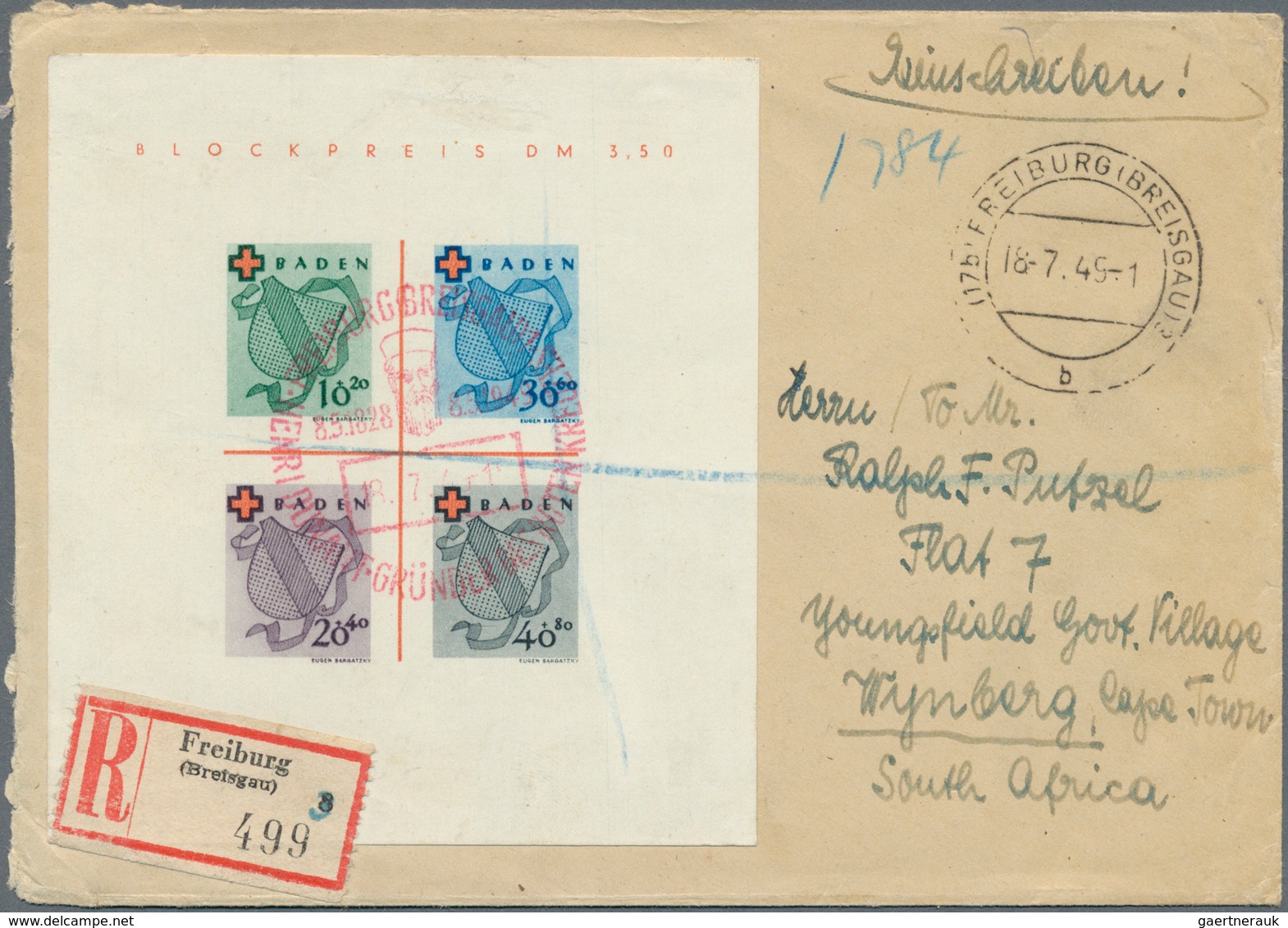 Französische Zone - Baden: 1949, Bockausgabe Rotes Kreuz Auf R-Brief Nach Süd-Afrika, Entwertet Mit - Altri & Non Classificati