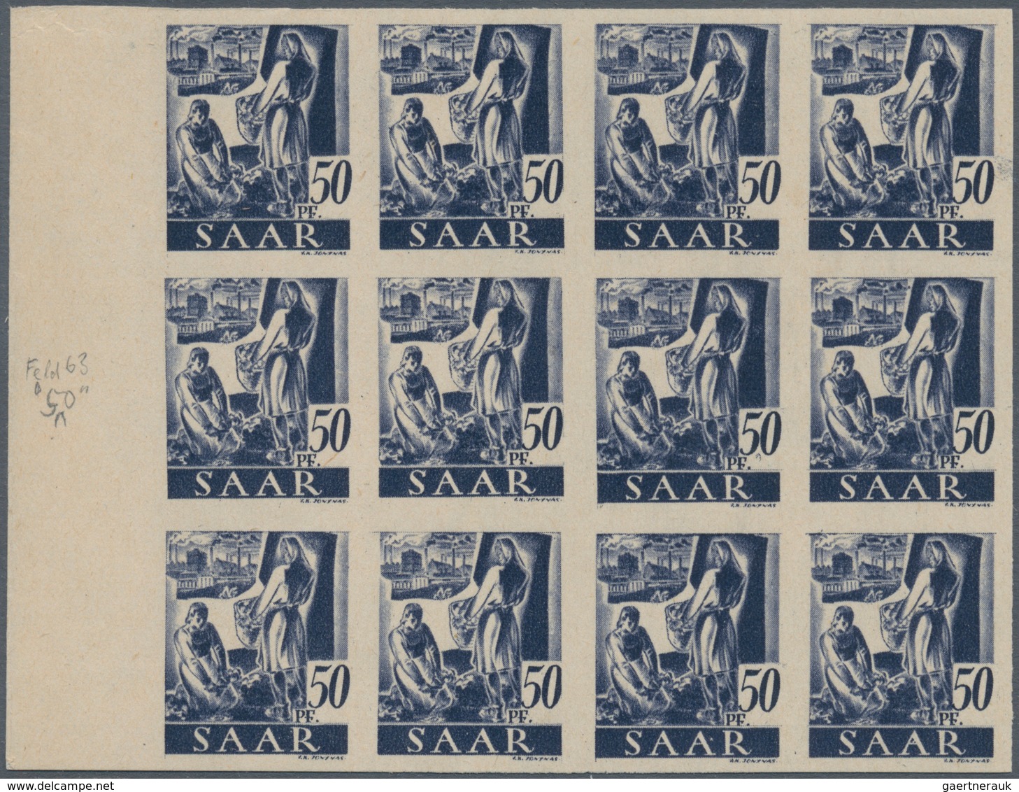 Saarland (1947/56): 1947, Freimarken 50 Pf "Saar I" UNGEZÄHNTER ZWÖLFER-BLOCK Postfrisch Vom Linken - Used Stamps