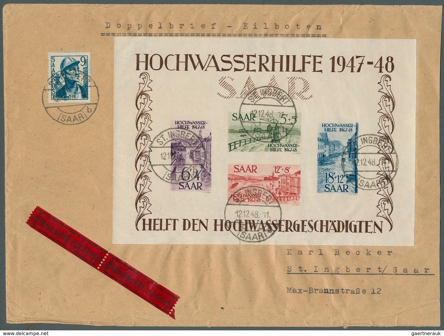Saarland (1947/56): 1948, Block "Hochwasserhilfe", Blocktype I Auf Eilboten-Ortsbrief Mit Zusatzfran - Oblitérés