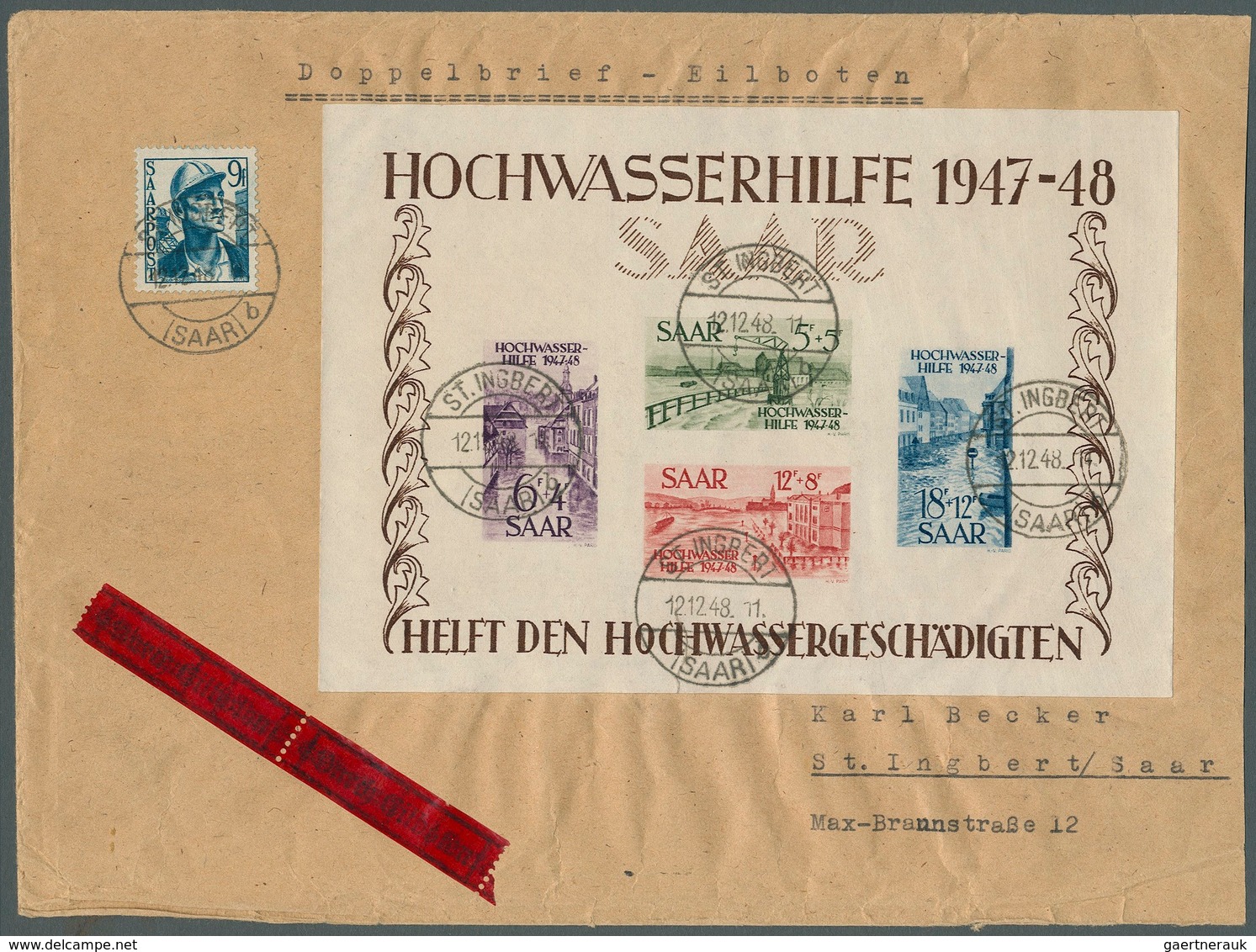 Saarland (1947/56): 1948, Block "Hochwasserhilfe", Blocktype I Auf Eilboten-Ortsbrief Mit Zusatzfran - Used Stamps