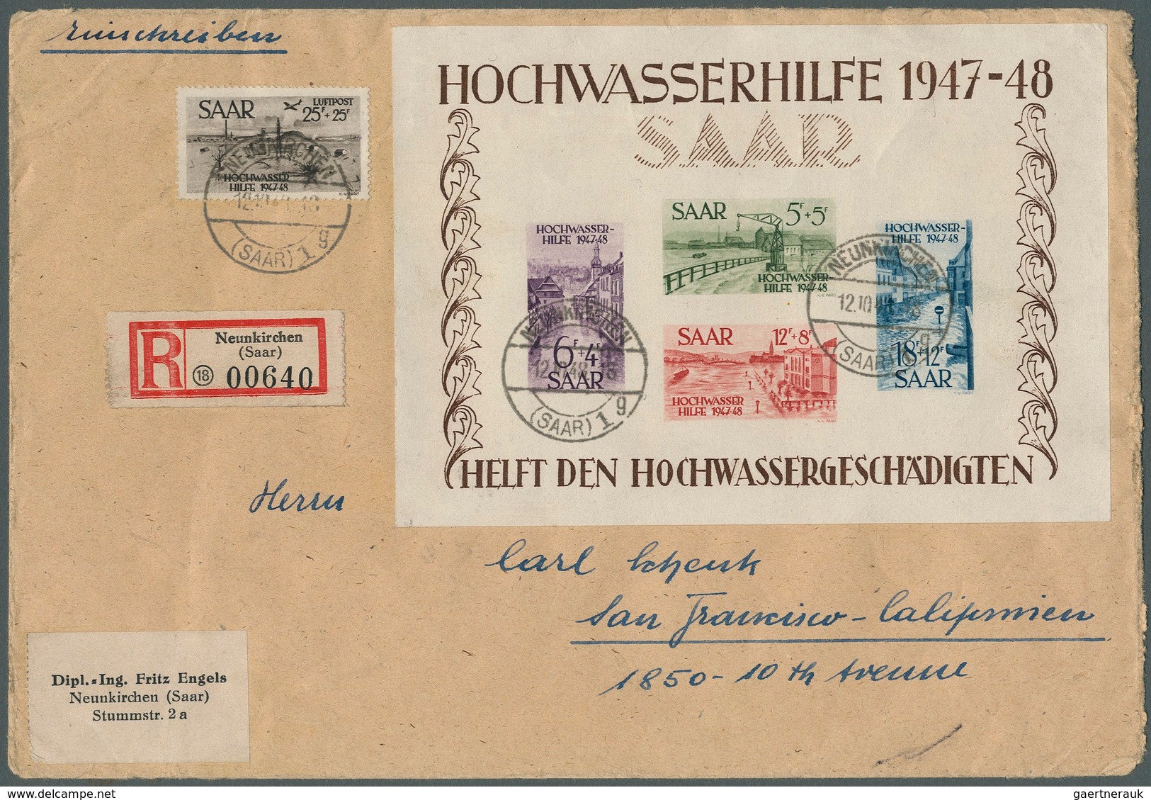 Saarland (1947/56): 1948, Block "Hochwasserhilfe", Blocktype IV Auf FDC Mit Zusatzfrankatur Von "NEU - Used Stamps