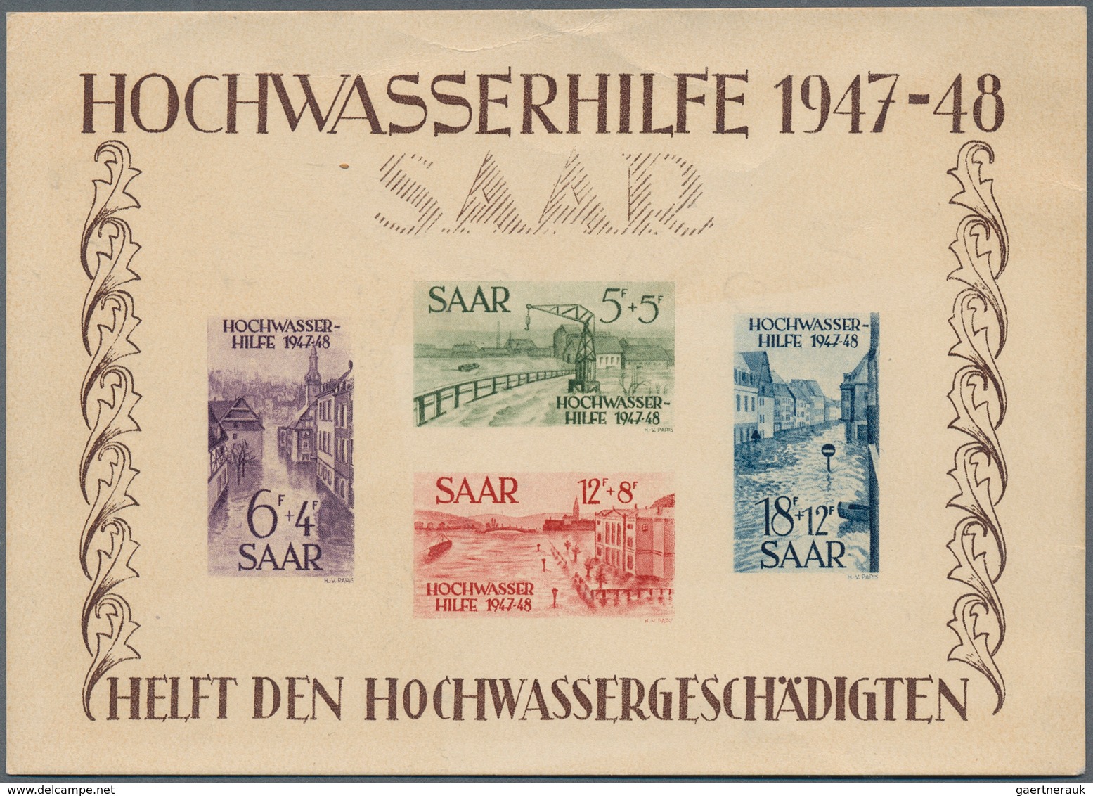 Saarland (1947/56): 1948, Hochwasser-Block Als Ministerblock Auf Kartonpapier Ohne Gummierung, Stärk - Usati