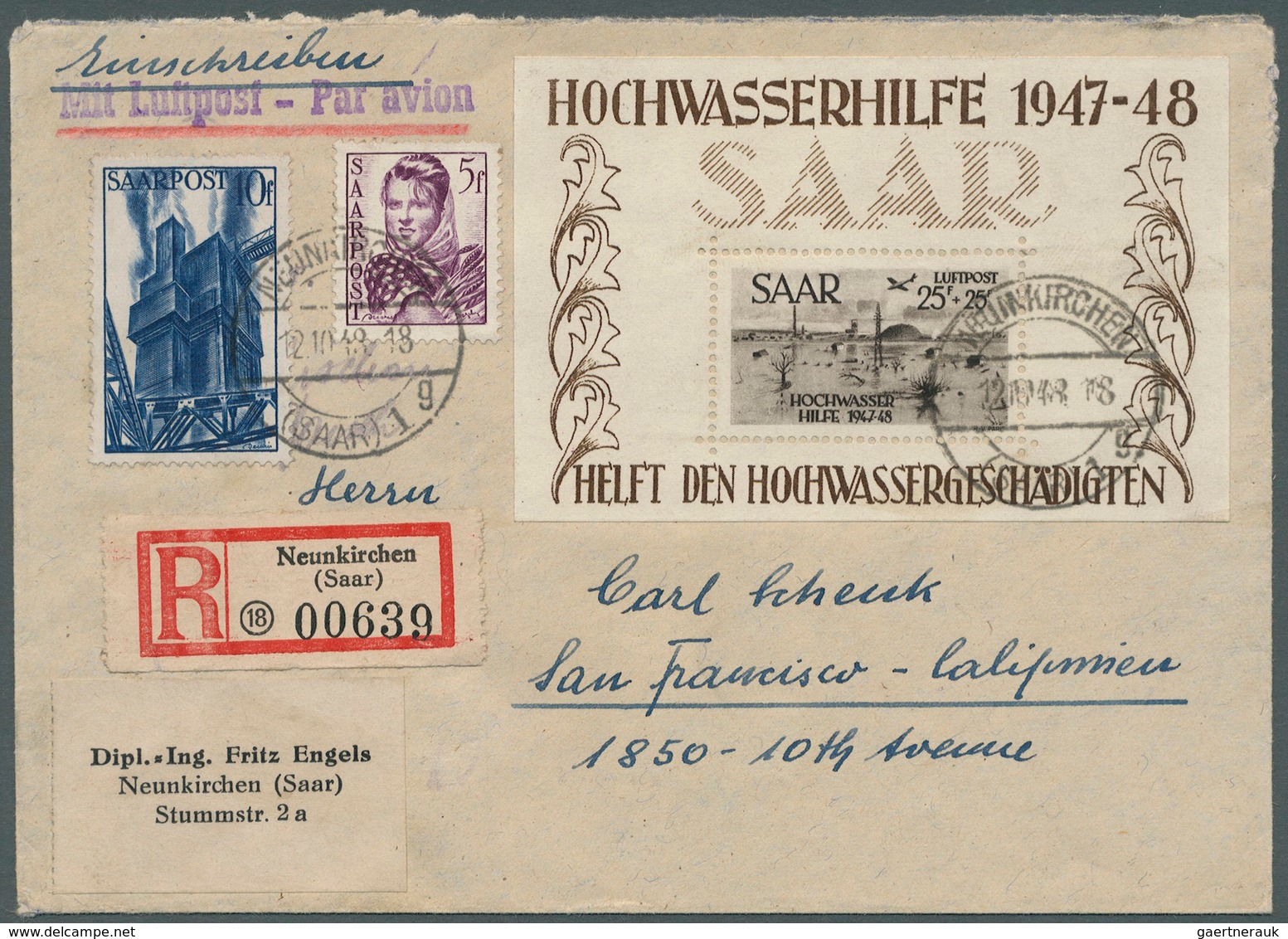 Saarland (1947/56): 1948, Block "Hochwasserhilfe", Blocktype VI Auf FDC Mit Zusatzfrankatur Von "NEU - Usati
