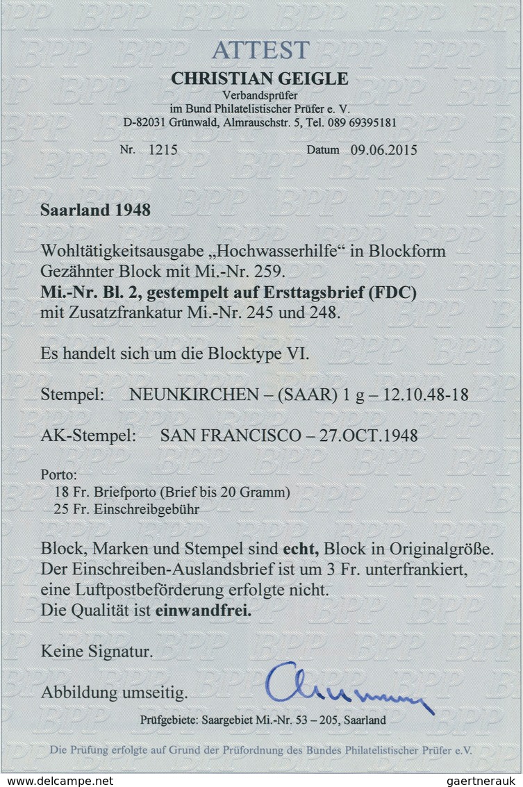 Saarland (1947/56): 1948, Block "Hochwasserhilfe", Blocktype VI Auf FDC Mit Zusatzfrankatur Von "NEU - Usati