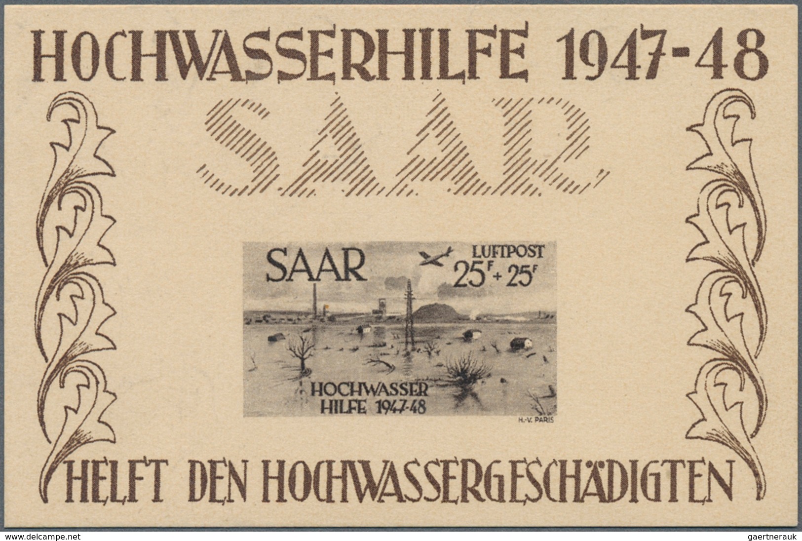 Saarland (1947/56): 1948, Hochwasser-Flugpostblock Als Ministerblock Auf Kartonpapier Ohne Gummierun - Usati