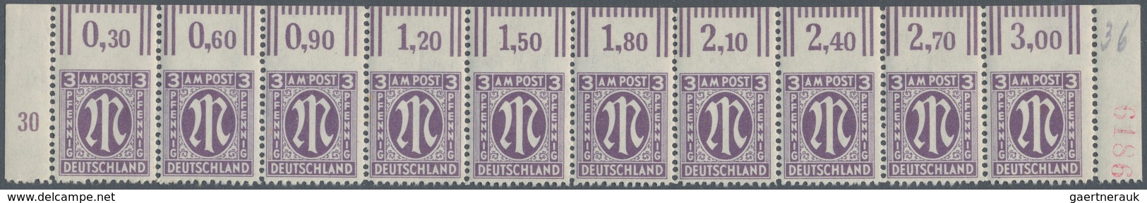 Bizone: 1945, AM-Post Deutscher Druck 3 Pfg. Grauviolett, Waagerechter Oberrand-10er-Streifen, Alle - Altri & Non Classificati