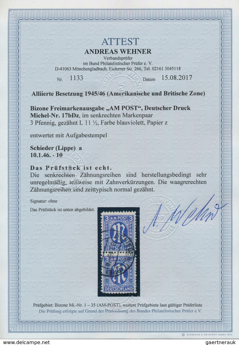 Bizone: 1945/1946, 3 Pfg. AM-Post Blauviolett Mit Zähnung L 11 1/2 Im Senkrechten Paar Mit Stempel S - Other & Unclassified