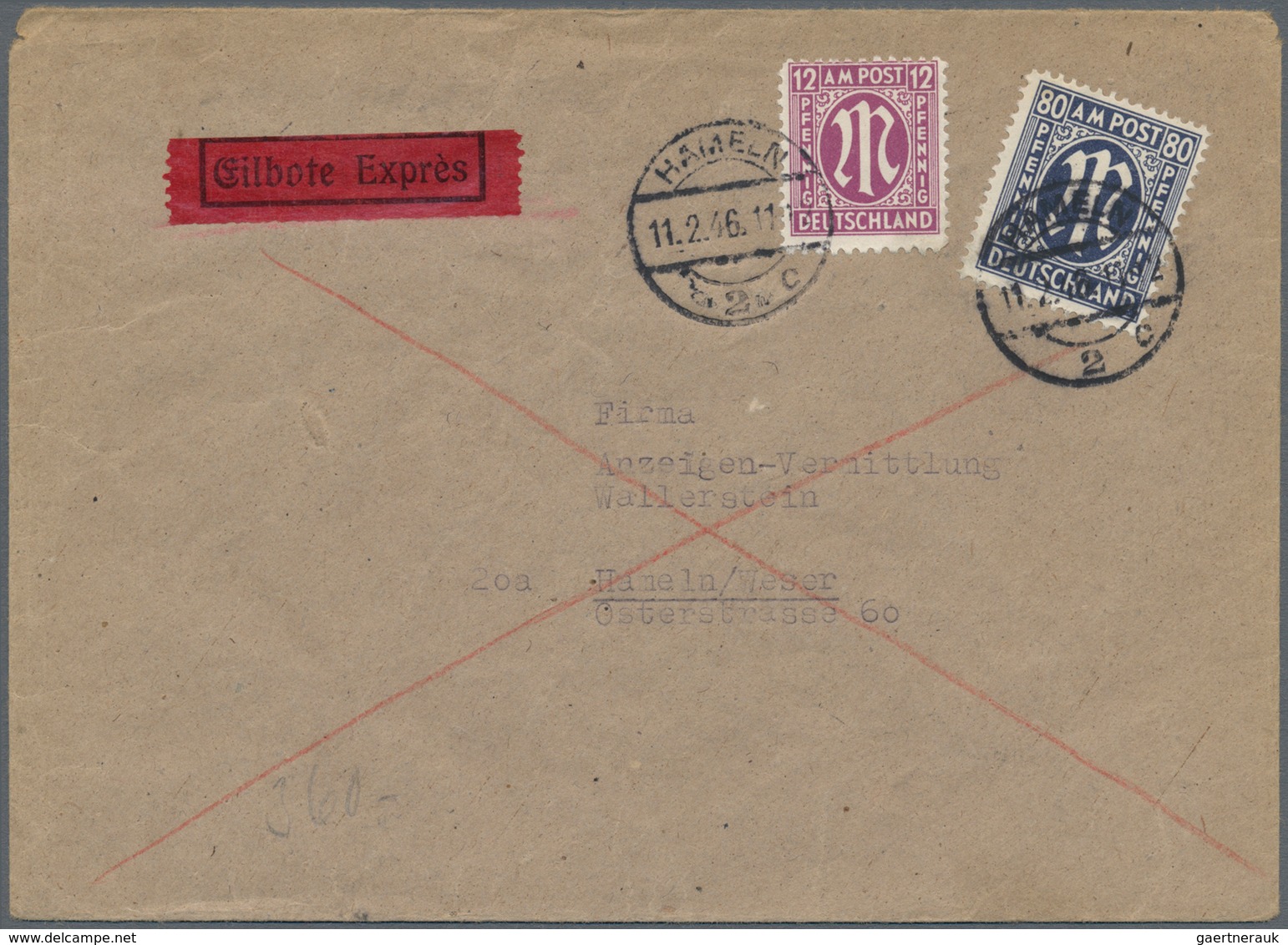 Bizone: 1945, AM-Post 80 Pf. Deutscher Druck Zusammen Mit 12 Pfg. Auf Orts-Eilboten-Brief "HAMELN 11 - Altri & Non Classificati