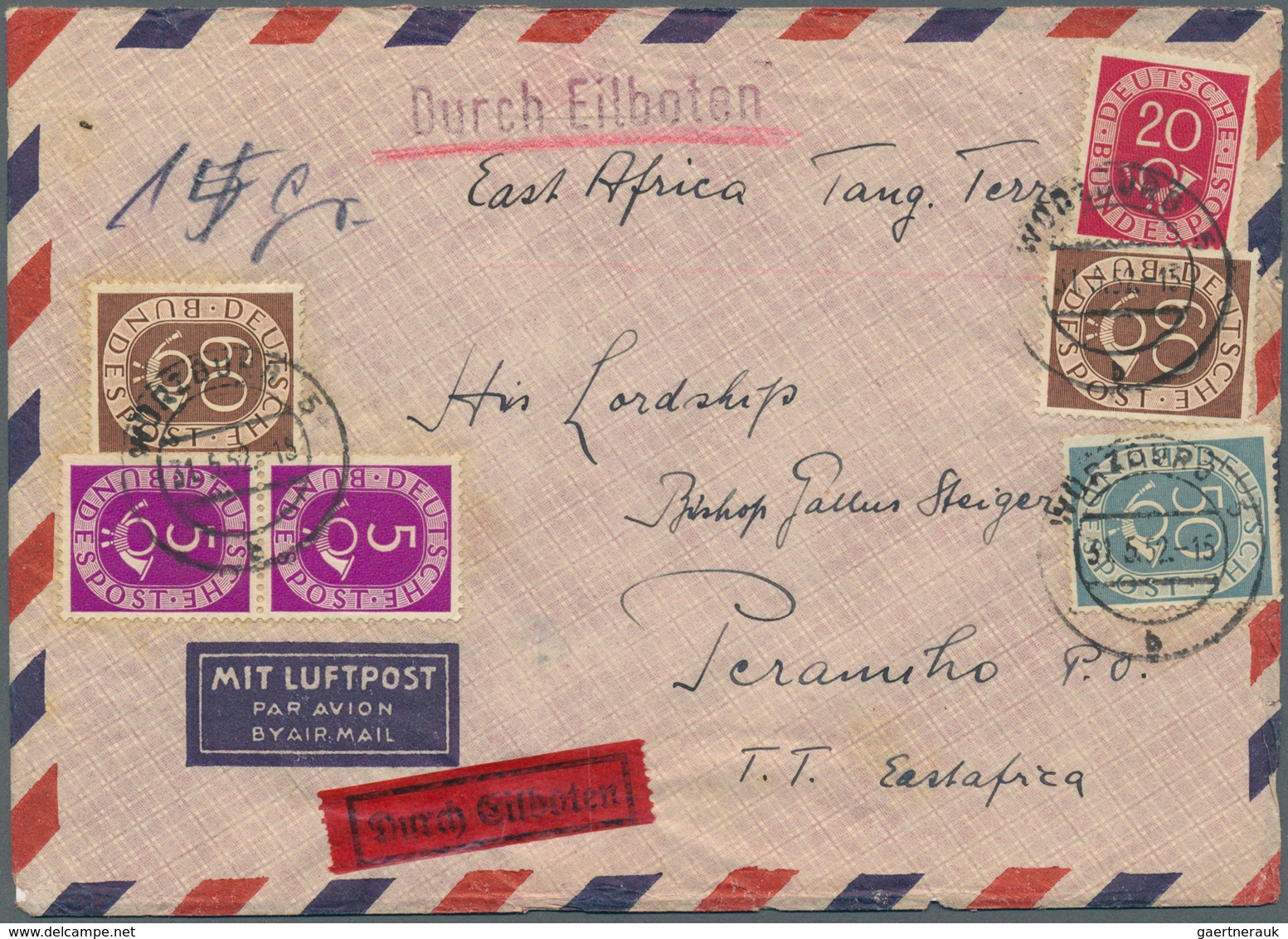 Bundesrepublik Deutschland: 1951, Posthorn 200 Pfg. In Mischfrankatur Auf Eil-Luftpostbrief Aus Würz - Collections