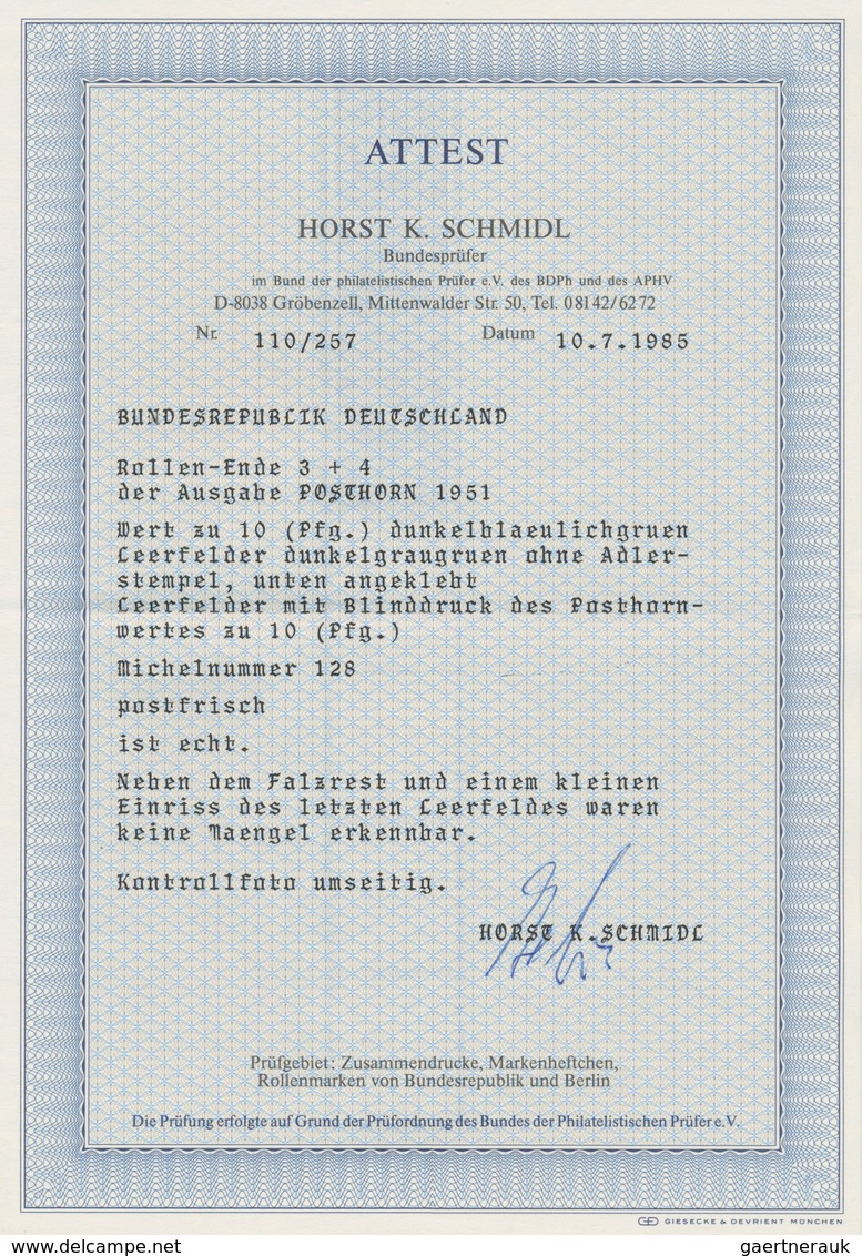Bundesrepublik - Rollenmarken: 1951, Ein Rollenende Der Posthorn 10 Pf. Von Drei Marken Mit Unten Vi - Rollo De Sellos