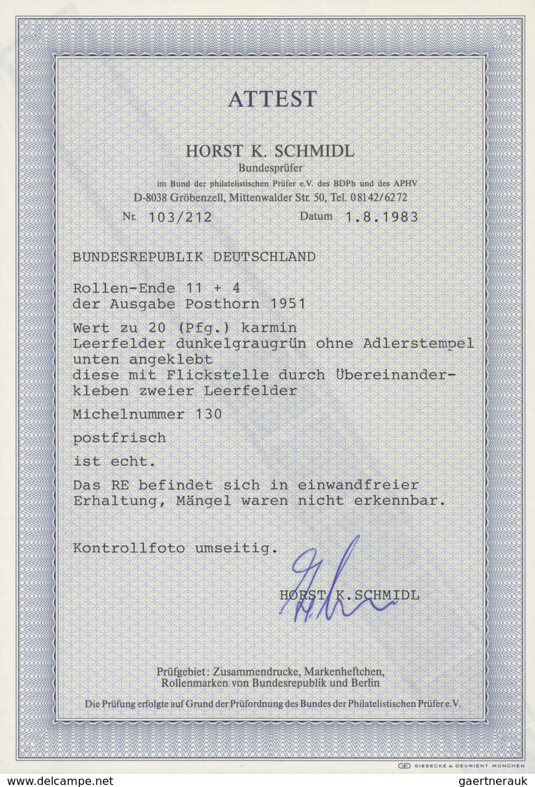 Bundesrepublik - Rollenmarken: 1951. Posthorn 20 Pf. Rollen-Ende RE 11 + 4Lf. Leerfelder Dunkelgraug - Francobolli In Bobina