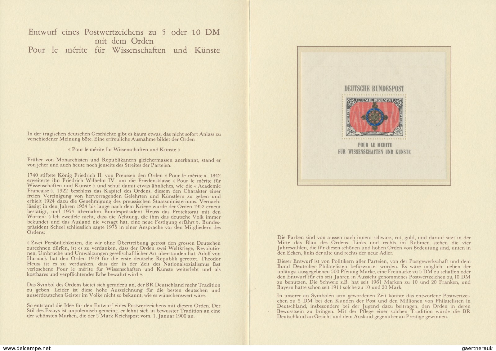 Bundesrepublik - Besonderheiten: 1976, Pour Le Merite 5 DM, Essay Eines Nicht Zur Ausgabe Gelangten - Altri & Non Classificati