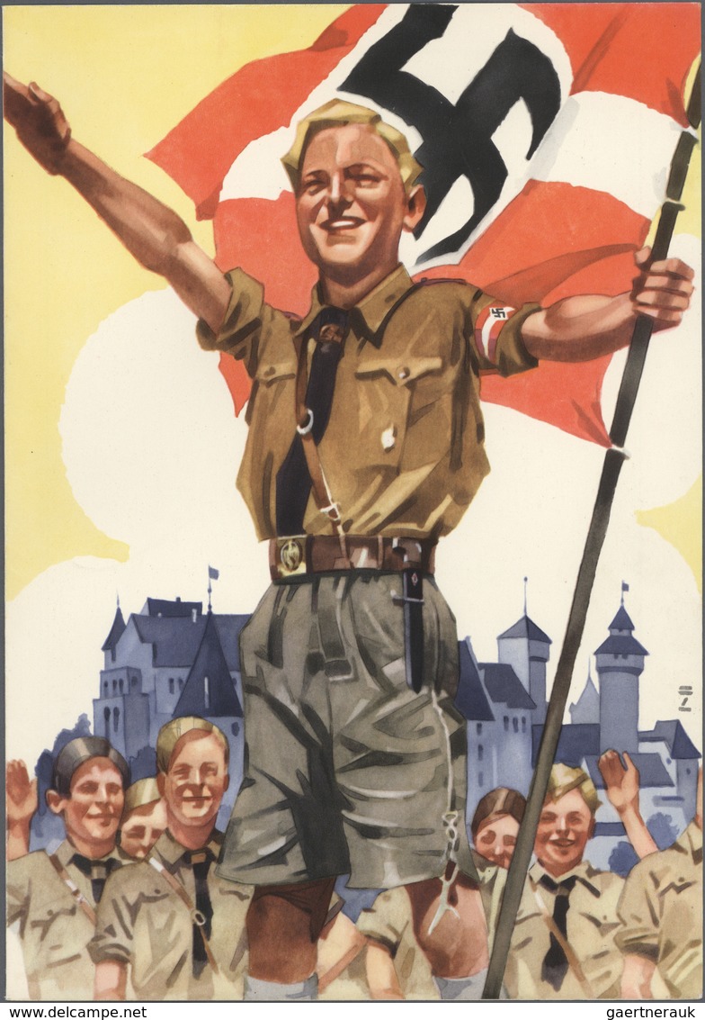 Ansichtskarten: Propaganda: 1936, Schmucktelegramm "Hitlerjunge Mit Fahne Vor Nürnberger Burg", Ursp - Partiti Politici & Elezioni