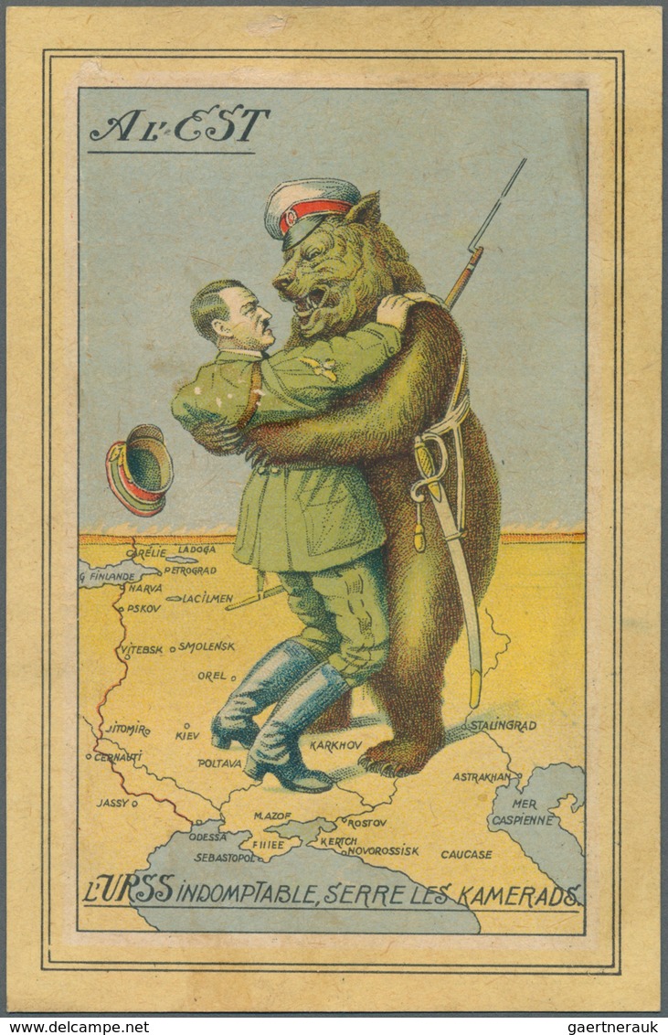 Ansichtskarten: Propaganda: 1944, Frankreich, Serie von sieben farbigen Anti-Deutschen Propagandakar