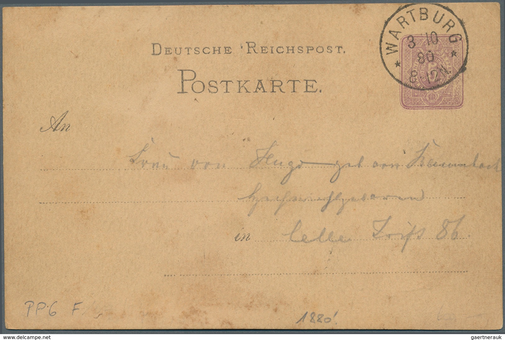 Ansichtskarten: Vorläufer: 1880, WARTBURG, Vorläuferkarte 5 Pf. Lila Als Privatganzsache Mit K1 WART - Non Classificati